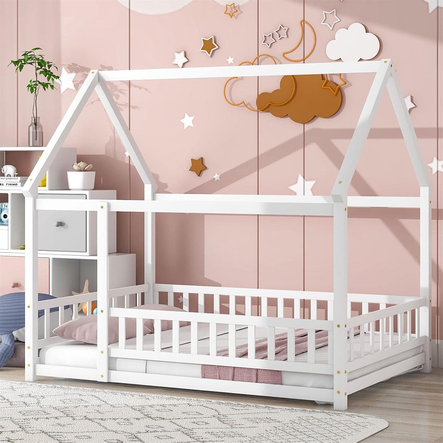 Full Floor Bed for Kids, Wooden House Bed Frame with Roof, Fence Guardrails, Montessori Bed for Toddlers Girl Boys, White