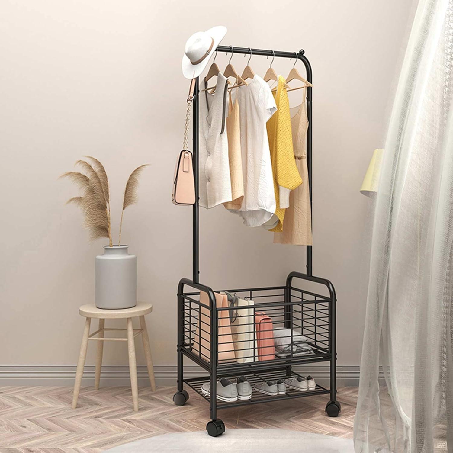 Laundry Cart with Wheels and Hanging Rack, Garment Rack with Storage Shelves and Coat/Hat Hanging Hooks, Rolling Laundry Basket for Laundry Bedroom Hallway, Black