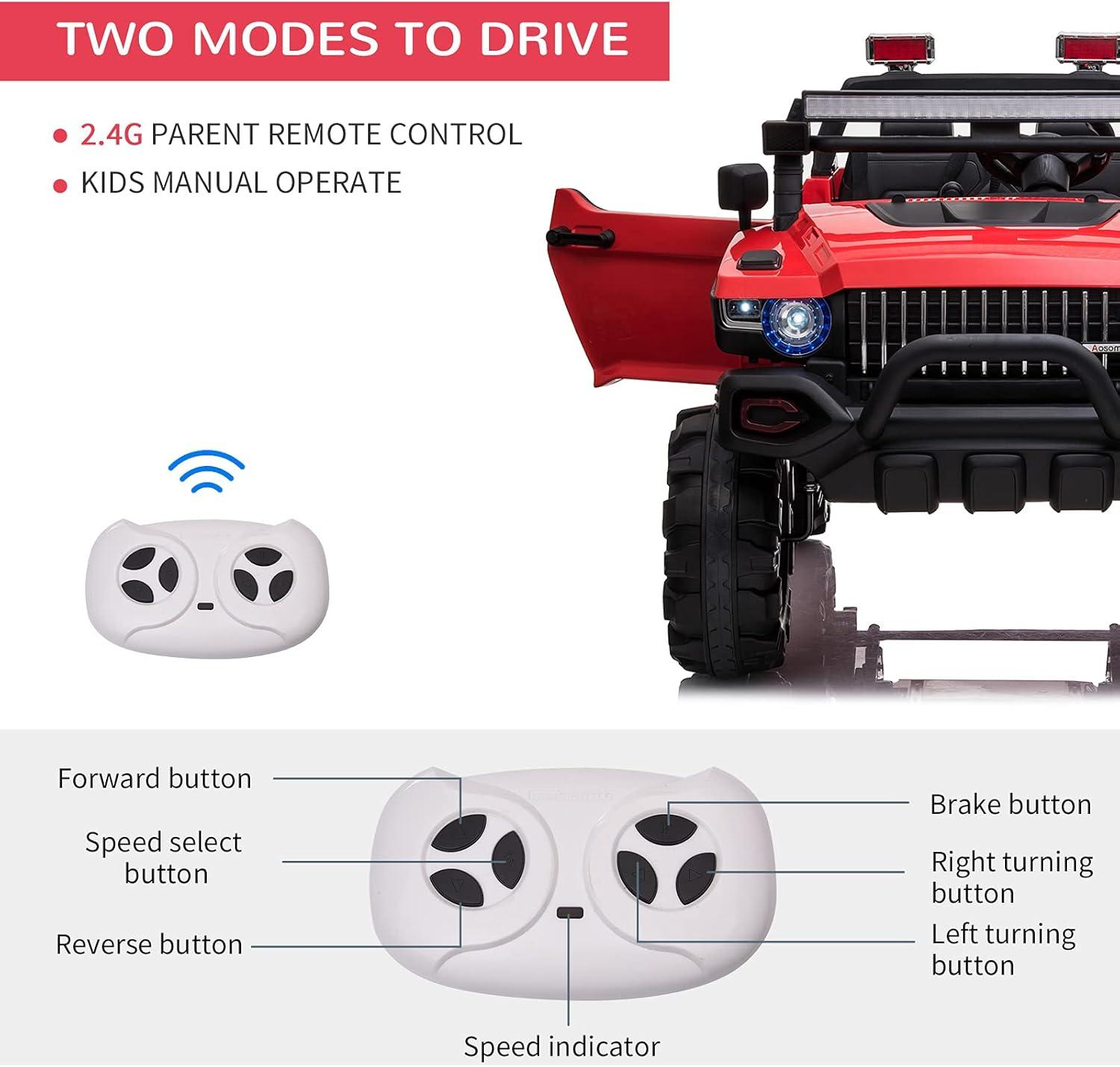 Aosom 12V Ride-on Truck with Remote Control, 2-Seater Battery-Operated Electric Car for Kids with Music, Red