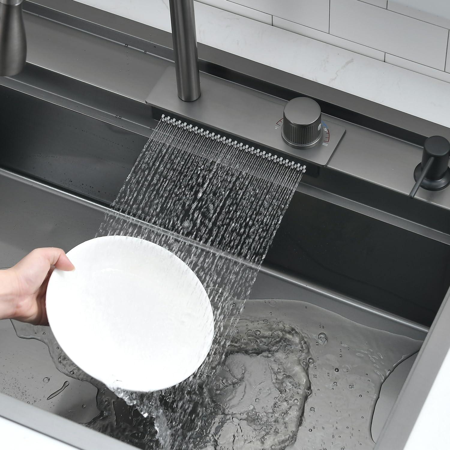 33 Inch Black Waterfall Drop In Kitchen Sink Workstation - VOKIM 33x22-Inch Drop In Sink Splash Guard Stainless Steel 16 Gauge 10'' Single Bowl sink Top Loading Flying Rain pull faucet