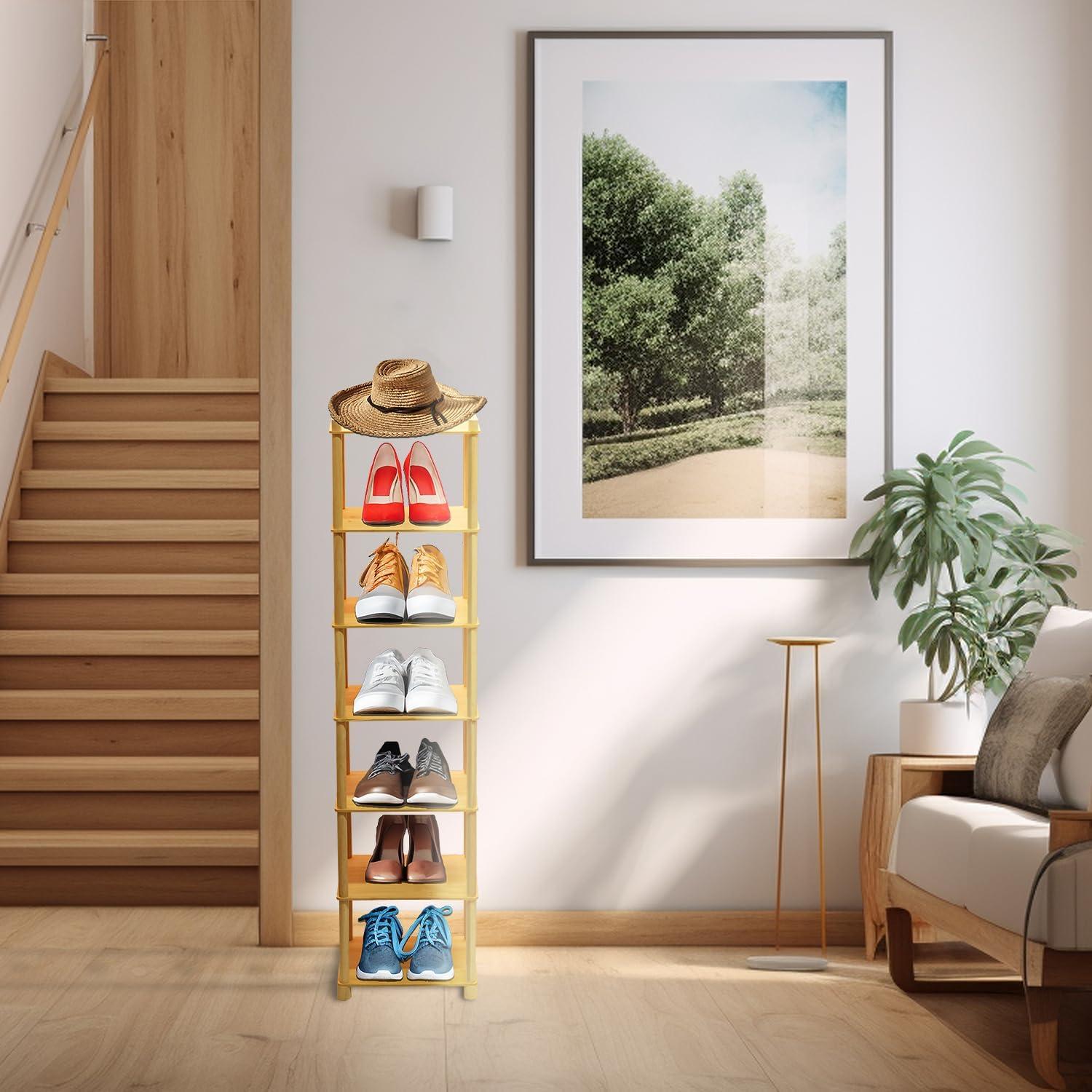 Vertical Bamboo 7-Tier Narrow Standing Shoe Rack Shelf