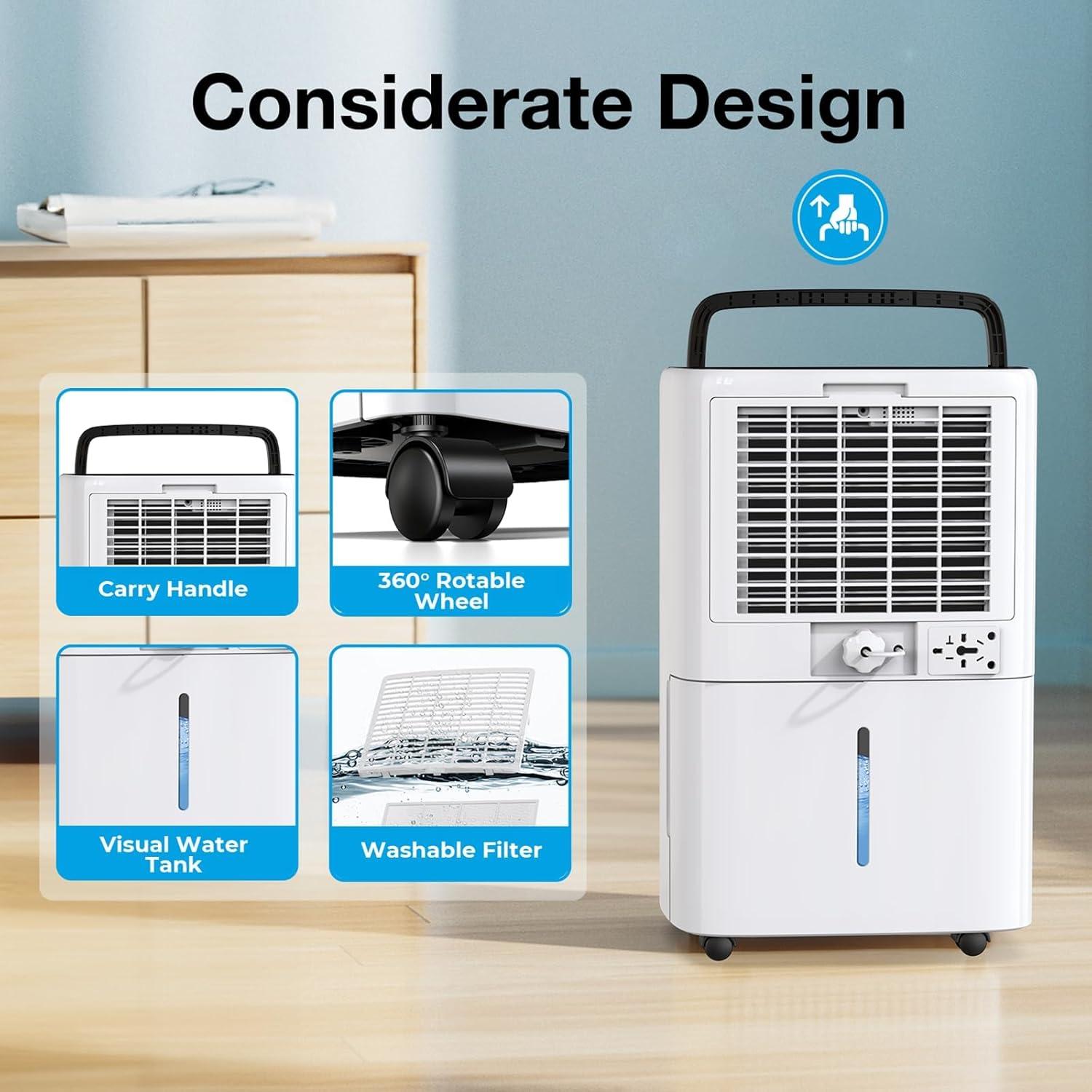 5000 Sq.Ft Energy Star Dehumidifier for Basement, 52 Pints Dehumidifiers for Home & Large Room with Drain Hose, Manual & Auto Drainage, 4 Modes, Intelligent Humidity Control, 24H Timer, Auto Defrost