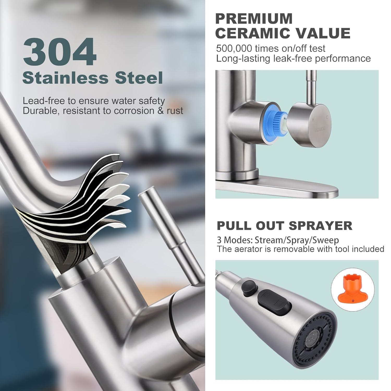 FashionSecretsLLC Kitchen Faucet and Water Filter Faucet Combo, WOWOW Stainless Steel Kitchen Sink Faucet with Drinking Water Faucet for Reverse Osmosis or Water Filtration System, Brushed Gold Sinkfaucet-BG-025