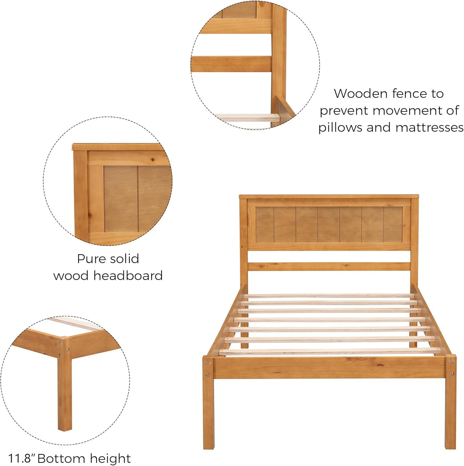 Oak Twin Pine Wood Platform Bed with Headboard and Slats