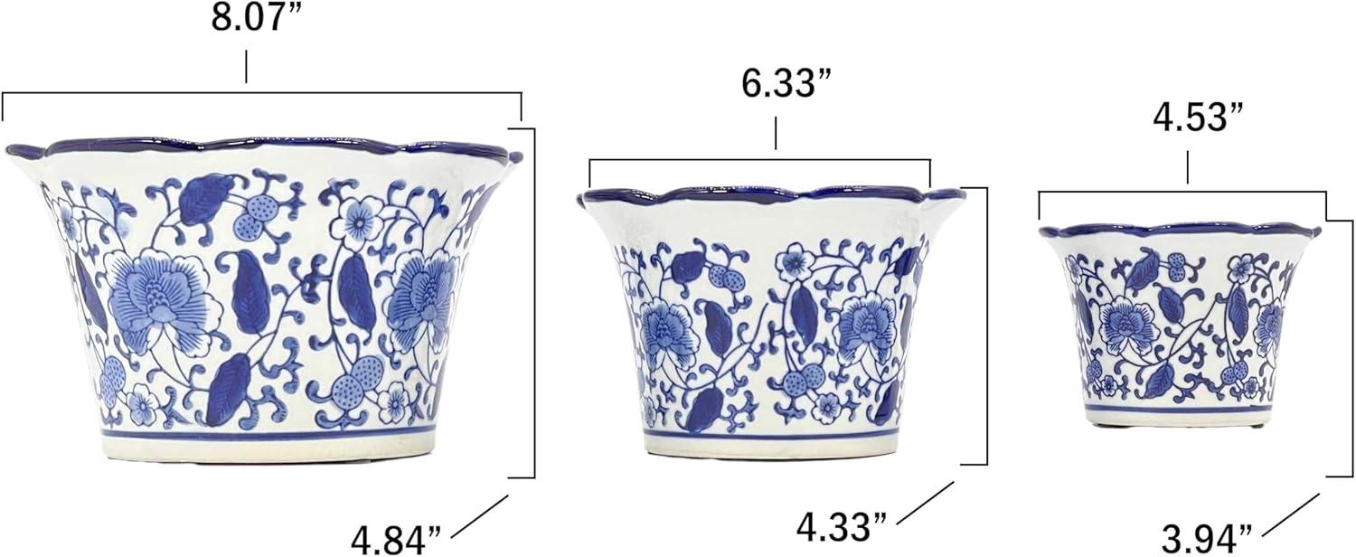 Set of 3 Blue & White Floral Ceramic Pots Ruffled Lip