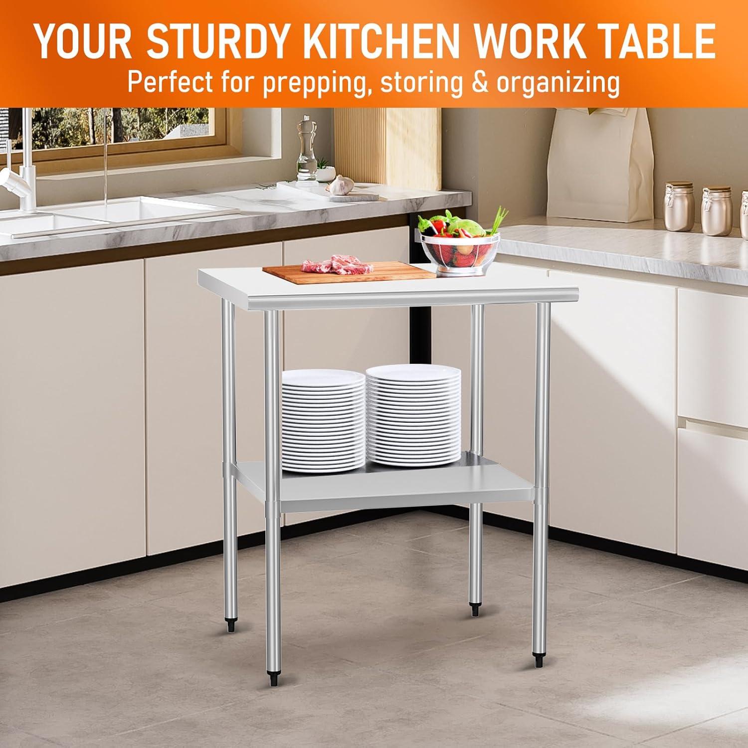 ROVSUN 30'' x 24'' Stainless Steel Table for Prep & Work, Metal Table with Undershelf for Kitchen Restaurant, Home