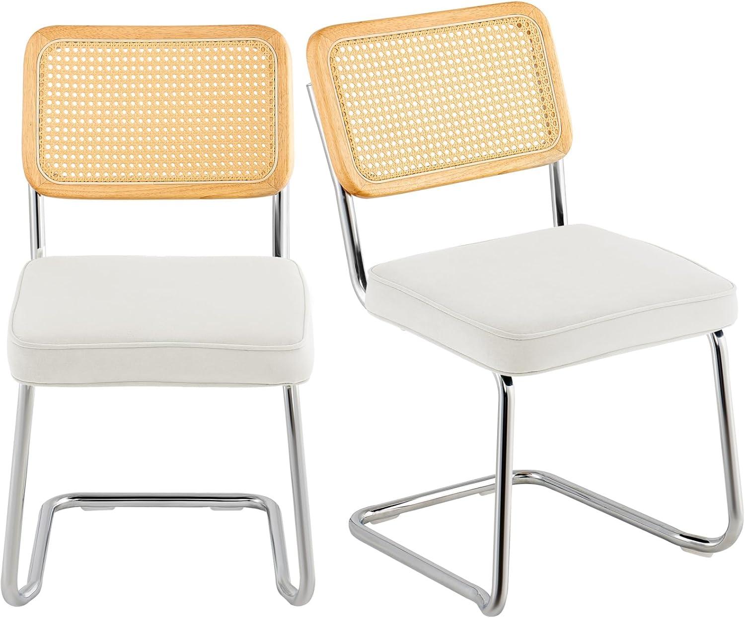 VEVOR Rattan Chairs Set of 2, Mid Century Modern Dining Chair, Upholstered Velvet Accent Chair with Rattan Back, Retro Kitchen Chair for Living Room, Bedroom (18.1 Inch)