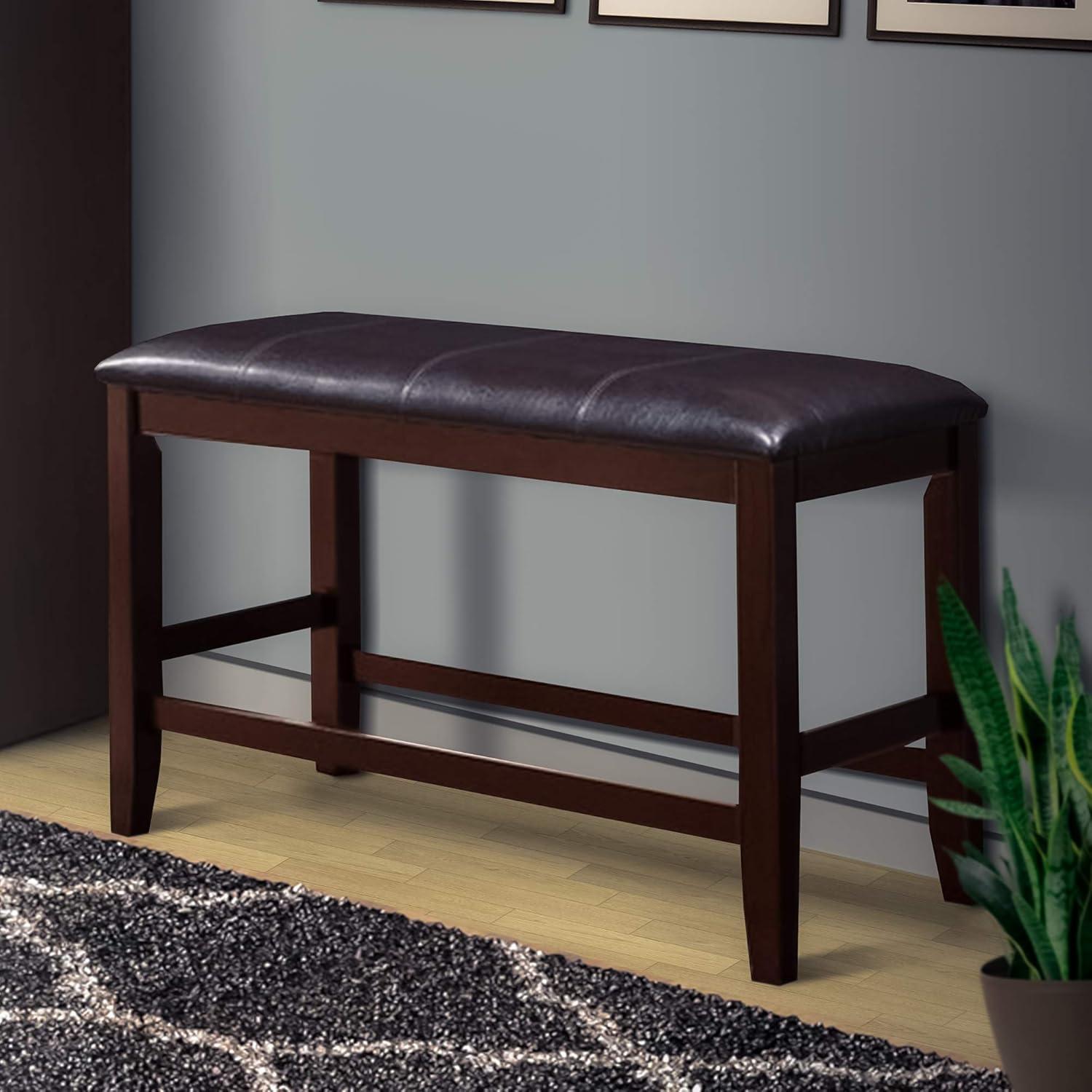 Wooden Counter Height Bench with Leatherette Seat, Brown - 25 x 17 x 40 in.