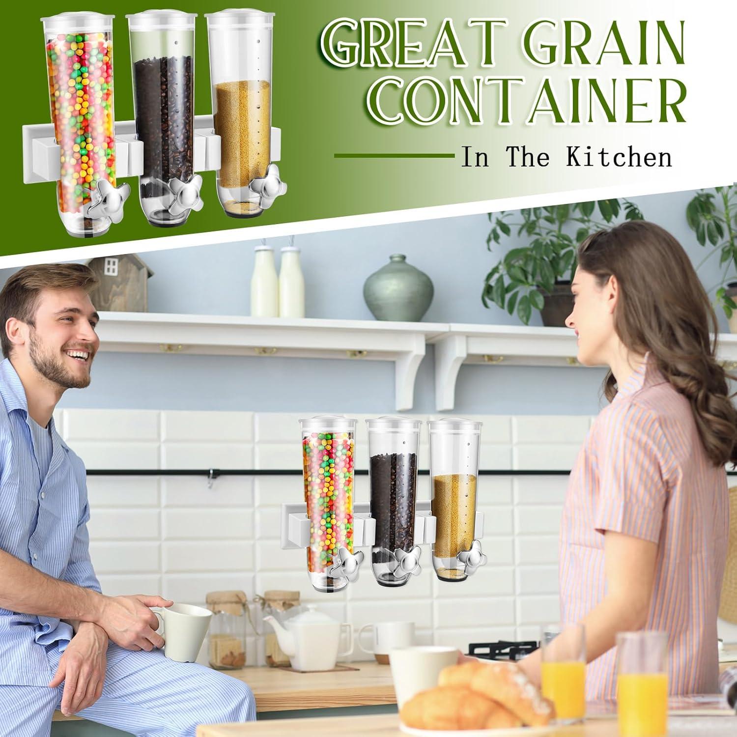 Umigy 2 Pcs Candy Dispenser Wall Mounted, Triple Dry Cereal Grain Dispenser Machine Wall Mount, Food Storage Container for Pantry Snack with 3 Cup for Kitchen, 39 oz (White)