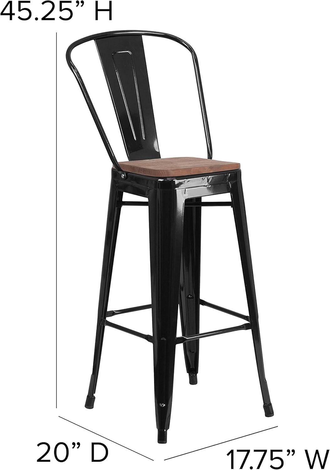 Emma and Oliver 30"H Blue Metal Barstool with Back and Wood Seat