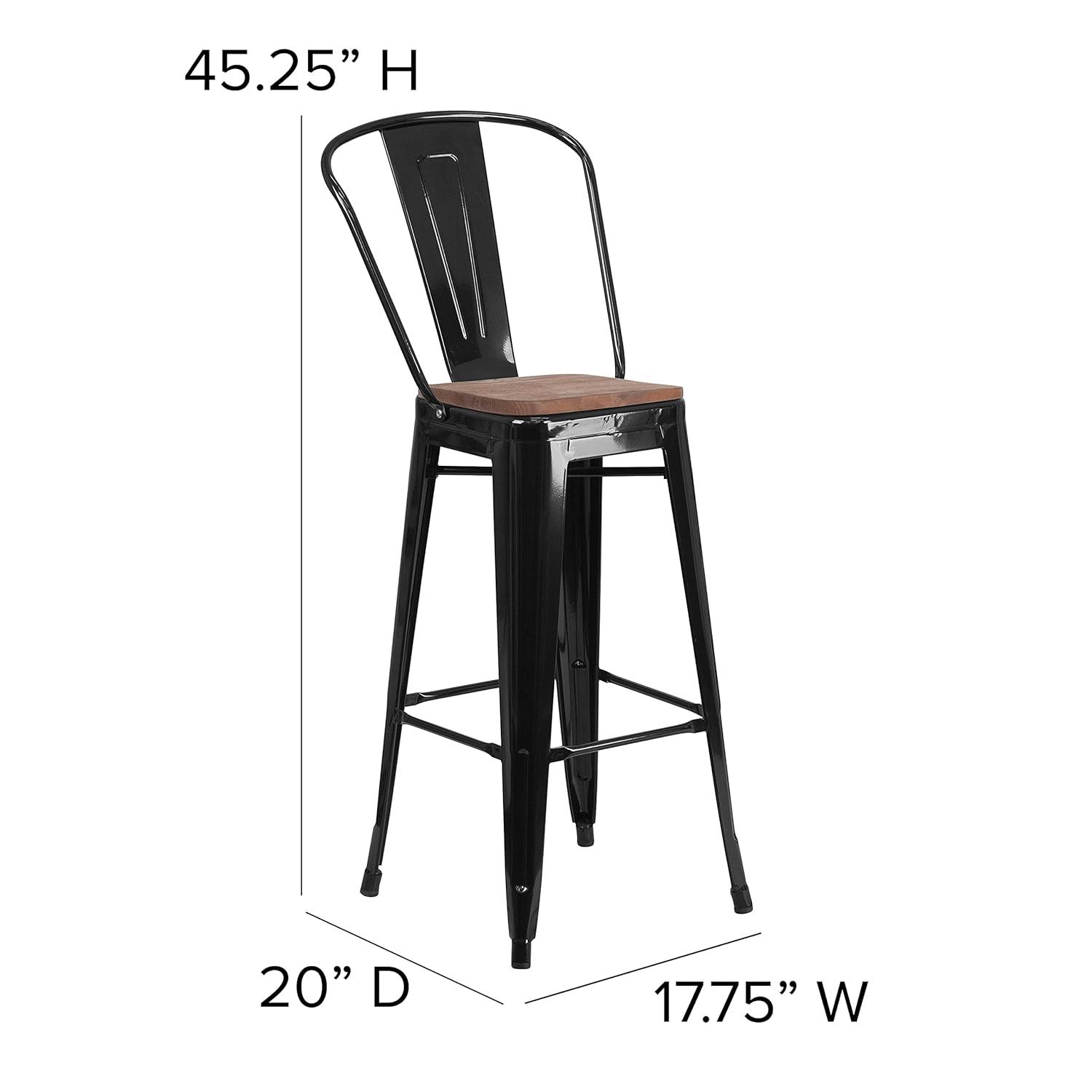 Emma and Oliver 30"H Blue Metal Barstool with Back and Wood Seat