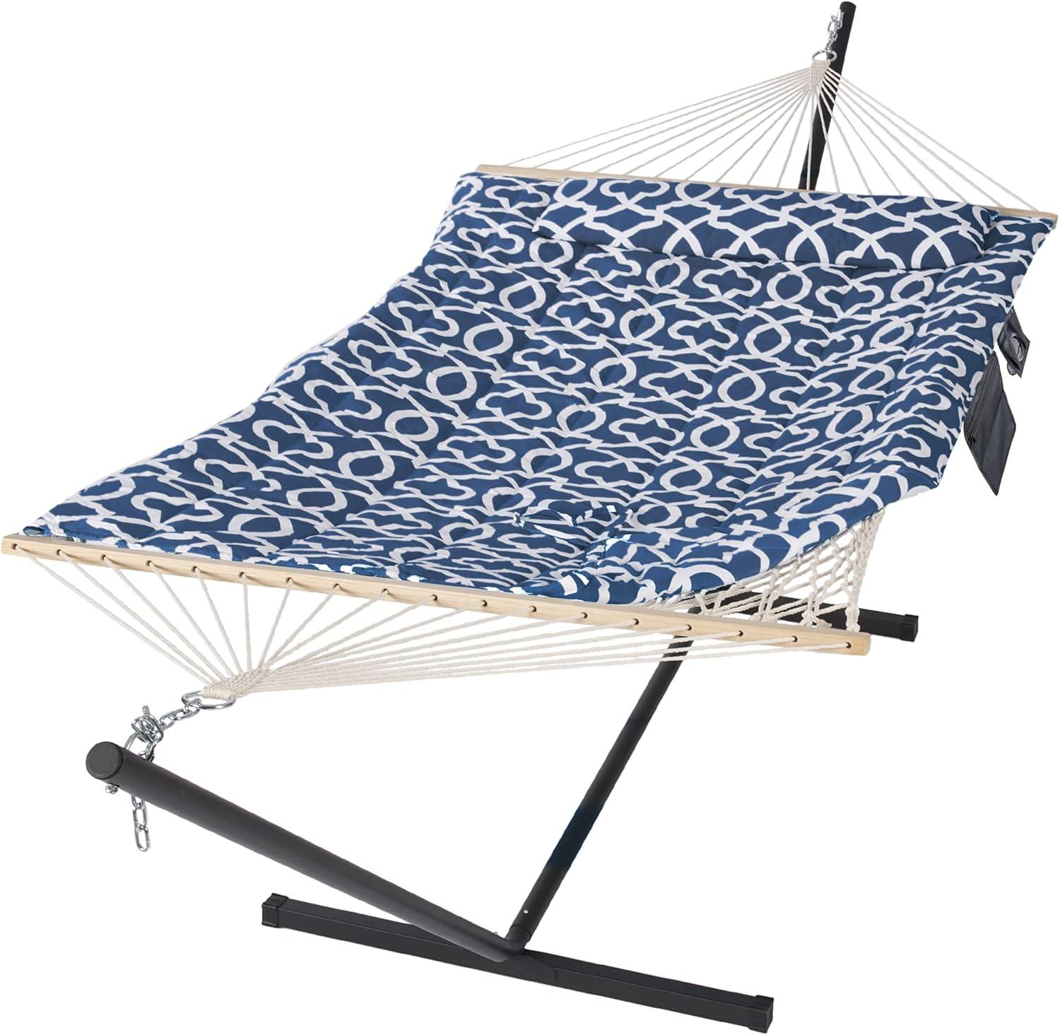 Blue Pattern Double Hammock with Stand and Cushions