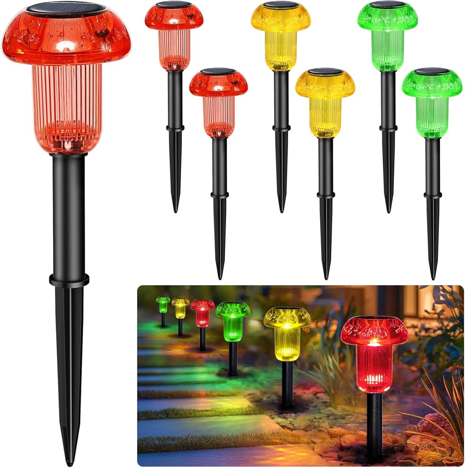 Solar Pathway Lights Outdoor - Red Yellow Green 3 Colors 6PK Mushroom Solar Pathway Lights IP65 Waterproof Solar Lights for Outside Patio Decor Yard Walkway and Landscape, T62S6-RYG-MIX