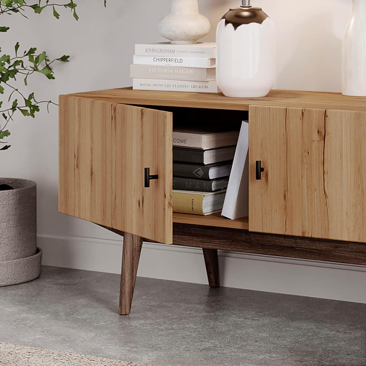 Living Skog  Chelsea Brown TV Stand Fits for TV's up to 65 in. with Slatted Design and Wood Legs light brown Matte Laminate