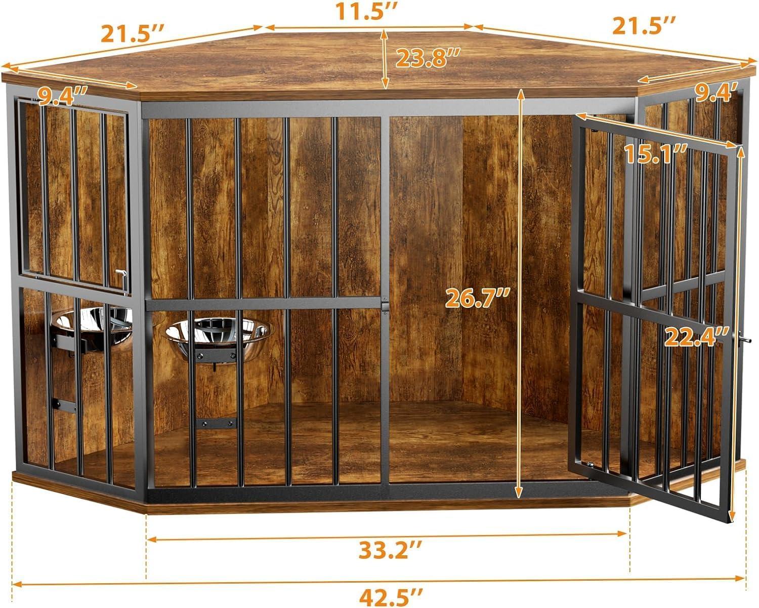 LOVMOR Furniture Dog Crate Corner, Dog Kennel Corner Wooden End Table with Bowl, Indoor Pet Crates Corner Side Table for Dogs