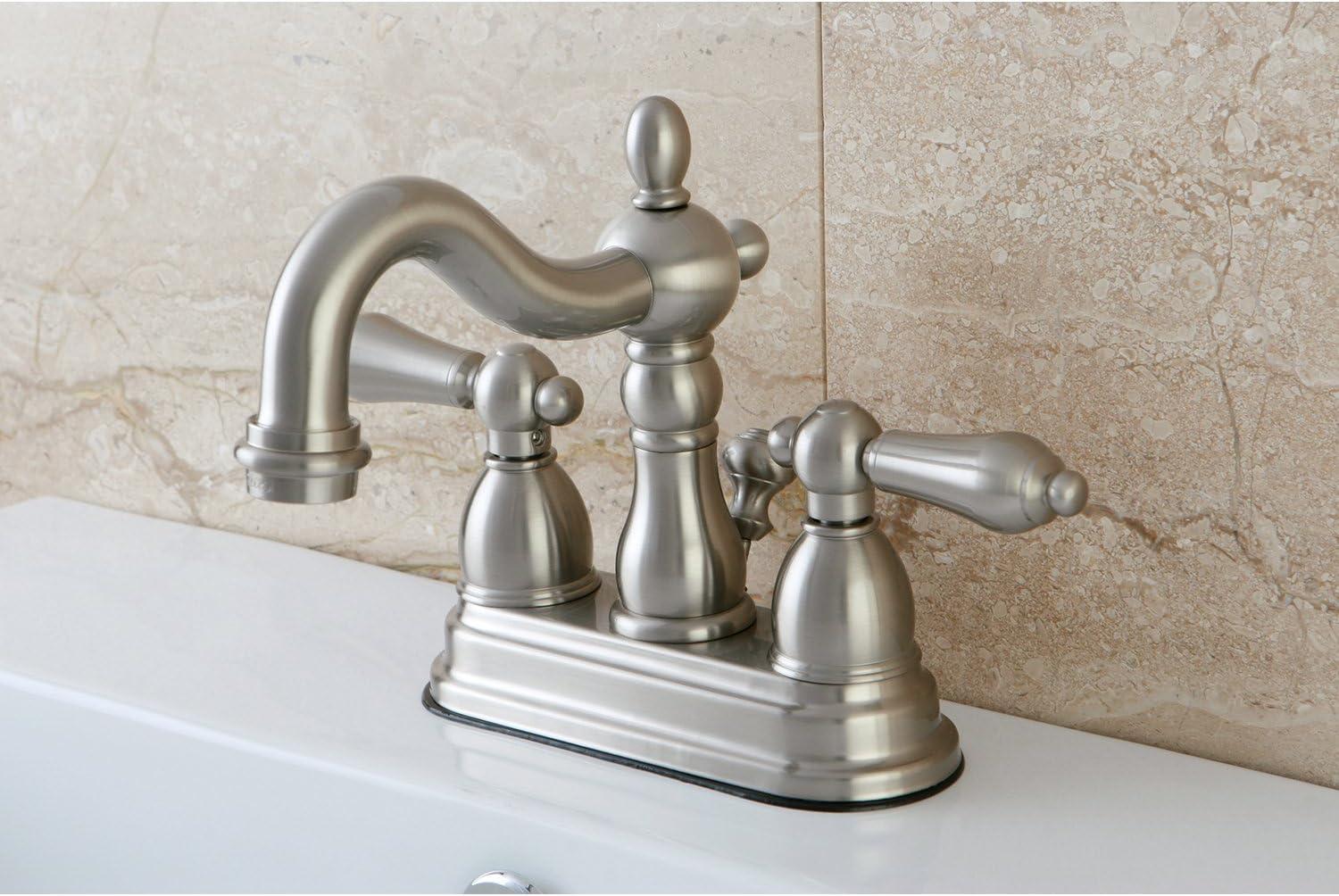 Kingston Brass Heritage Two-Handle 3-Hole Deck Mount 4" Centerset Bathroom Faucet with Plastic Pop-Up