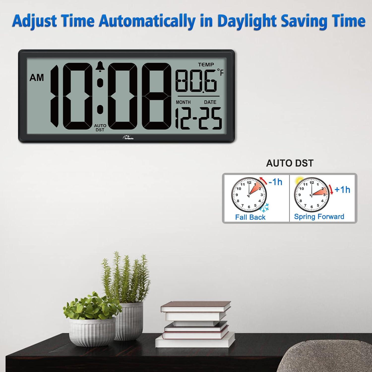 14.5" Large Digital Wall Clock Battery Operated with Jumbo Numbers Digits LCD Screen Display,Temperature,Day and Date,Alarm,Easy to Read and Set, Auto DST for Bedroom,Office,Living Room（Black）