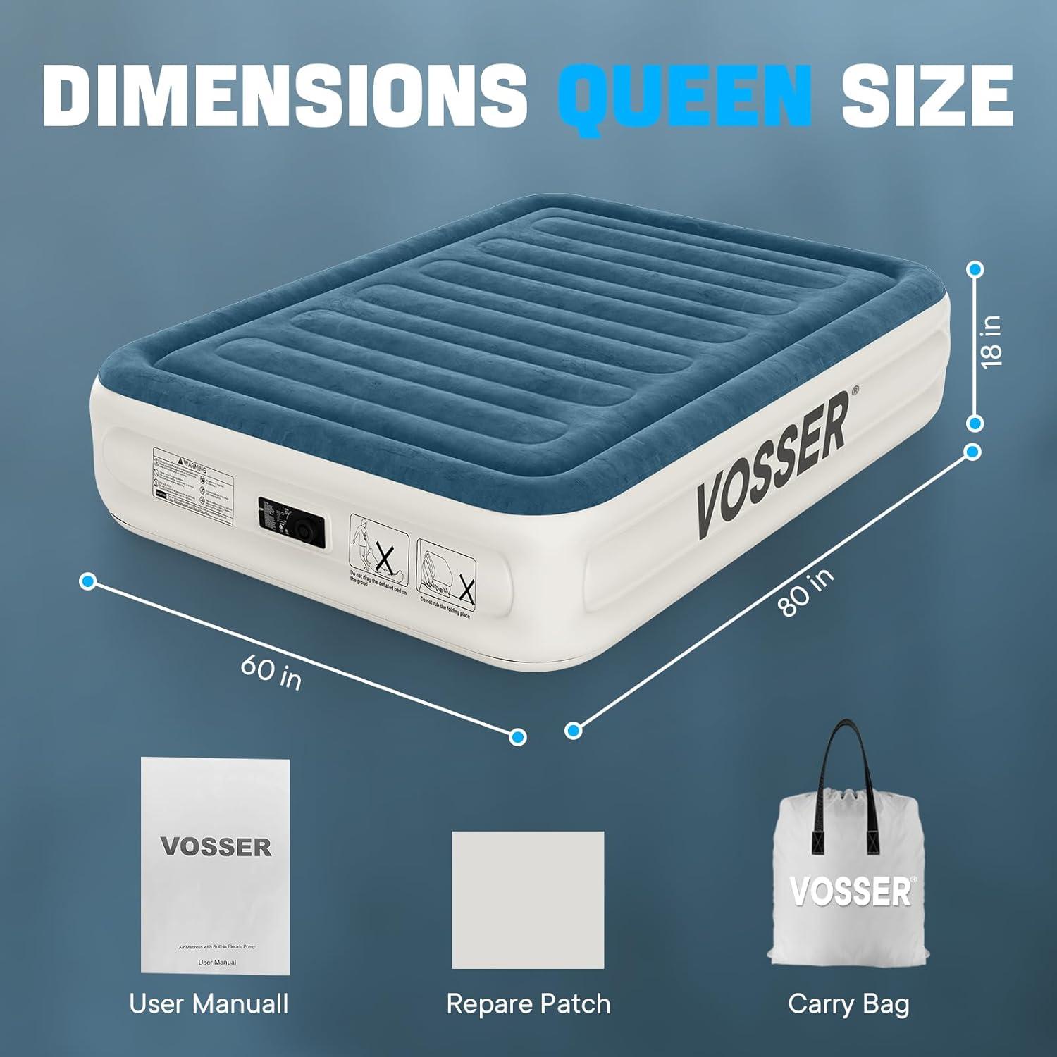Queen Blue and White Raised Air Mattress with Built-in Pump