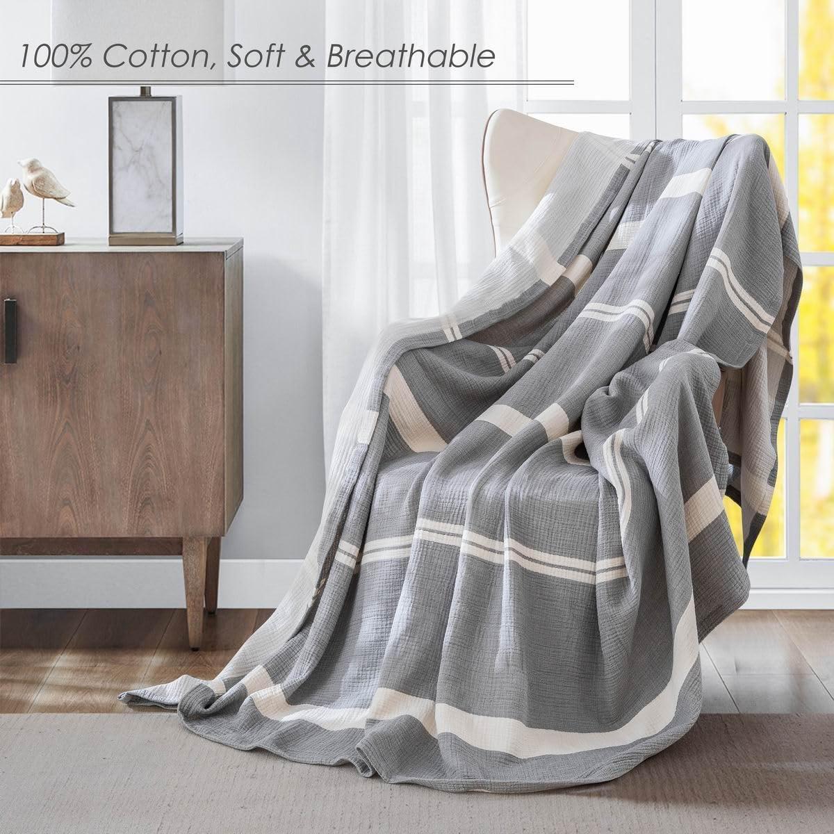 Gray and White Cotton Muslin Twin Blanket with Stripes