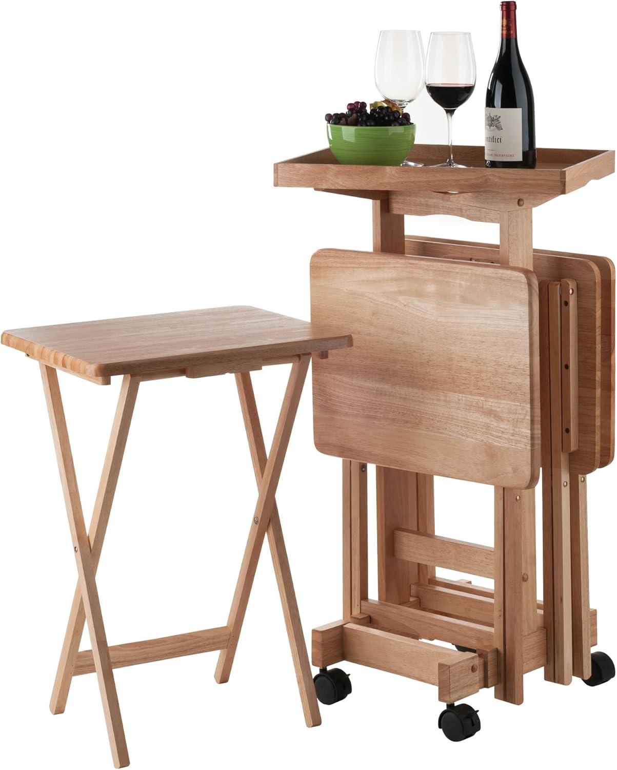 6pc Snack Table Set - Natural - Winsome: Hardwood Construction, Foldable with Wheeled Storage Frame