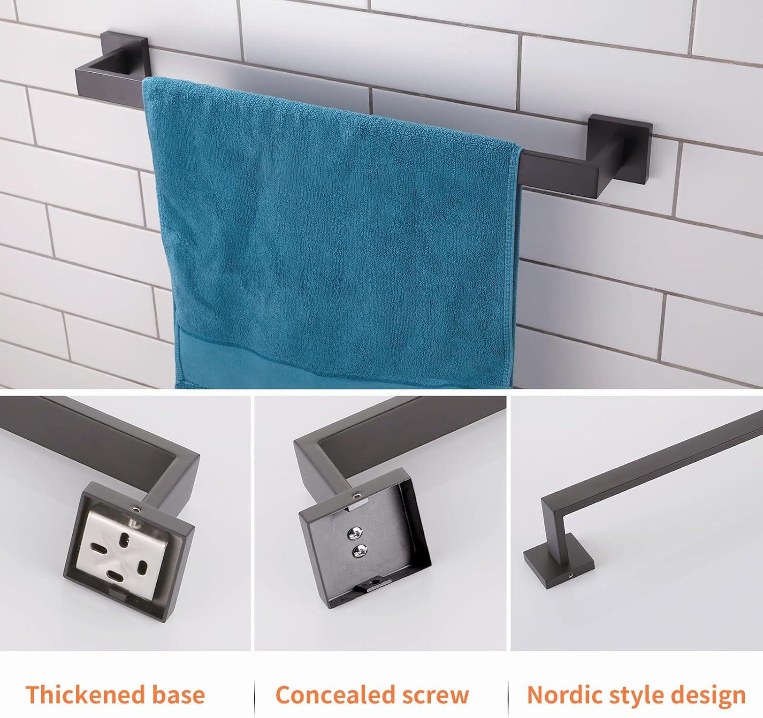 Bathroom Hardware Accessories Set Matte Black,5-Piece Black Towel Bar Set 16" Wall Mounted Towel Holder Stainless Steel-Includes Towel Bar,Robe Towel Hooks,Toilet Paper