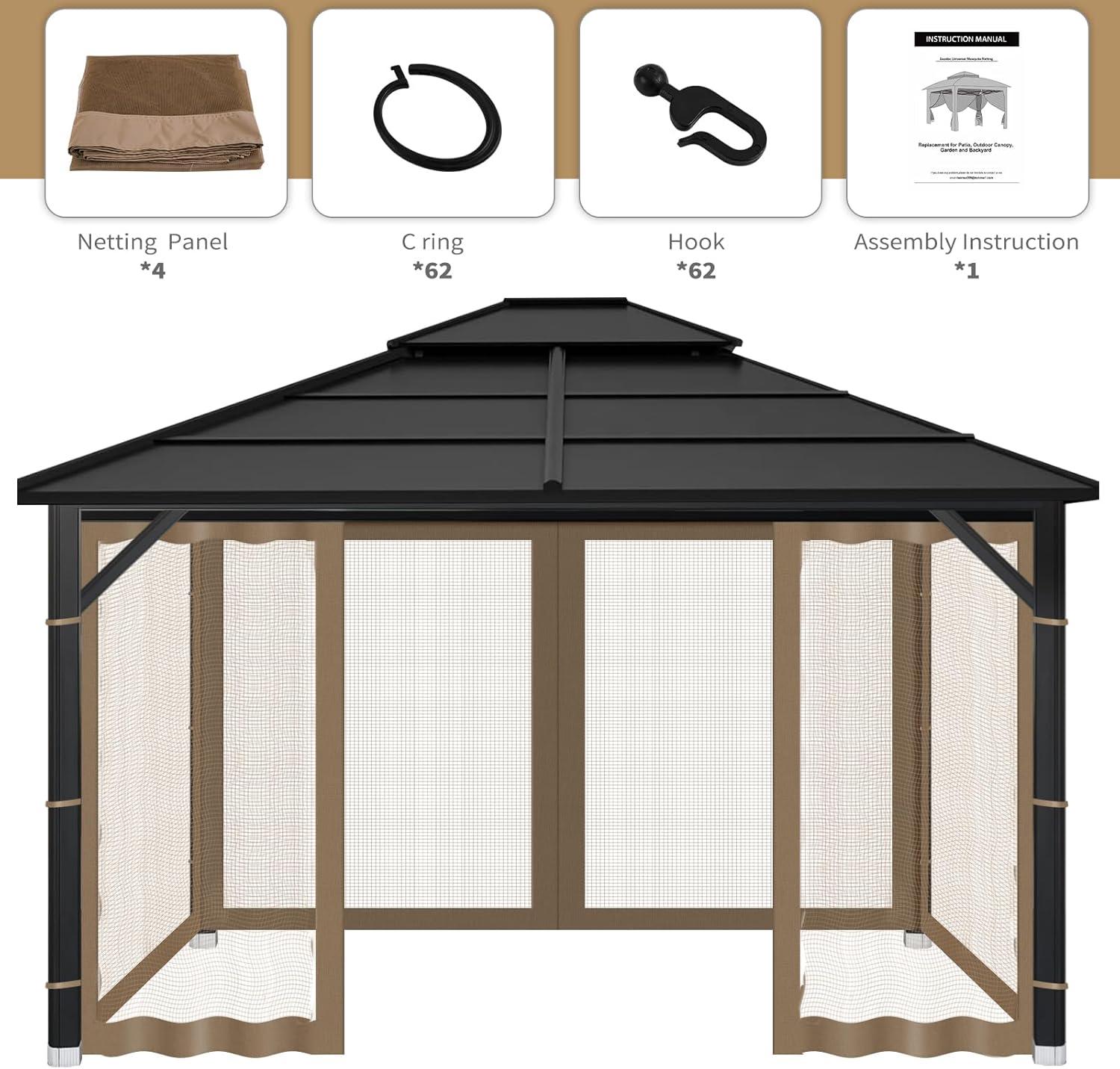 Brown 10x10 Waterproof Gazebo Mosquito Netting with Zipper