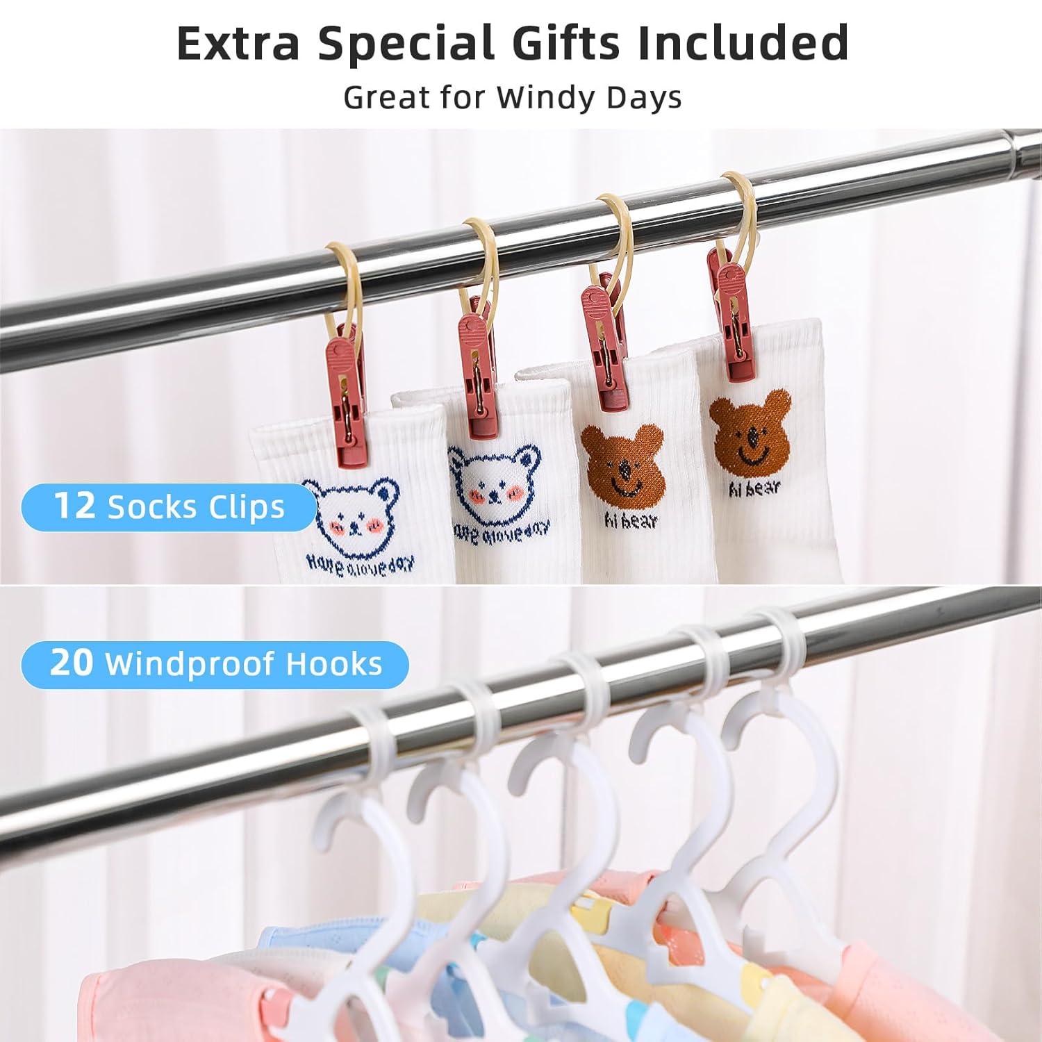 funest Drying Rack Clothing, 79 Inches Adjustble & Foldable Laundry Drying Rack, Heavy Duty Stainless Steel Clothes Drying Rack with 20 Hooks, 12 Clips, Suitable for Indoor, Outdoor and Balcony