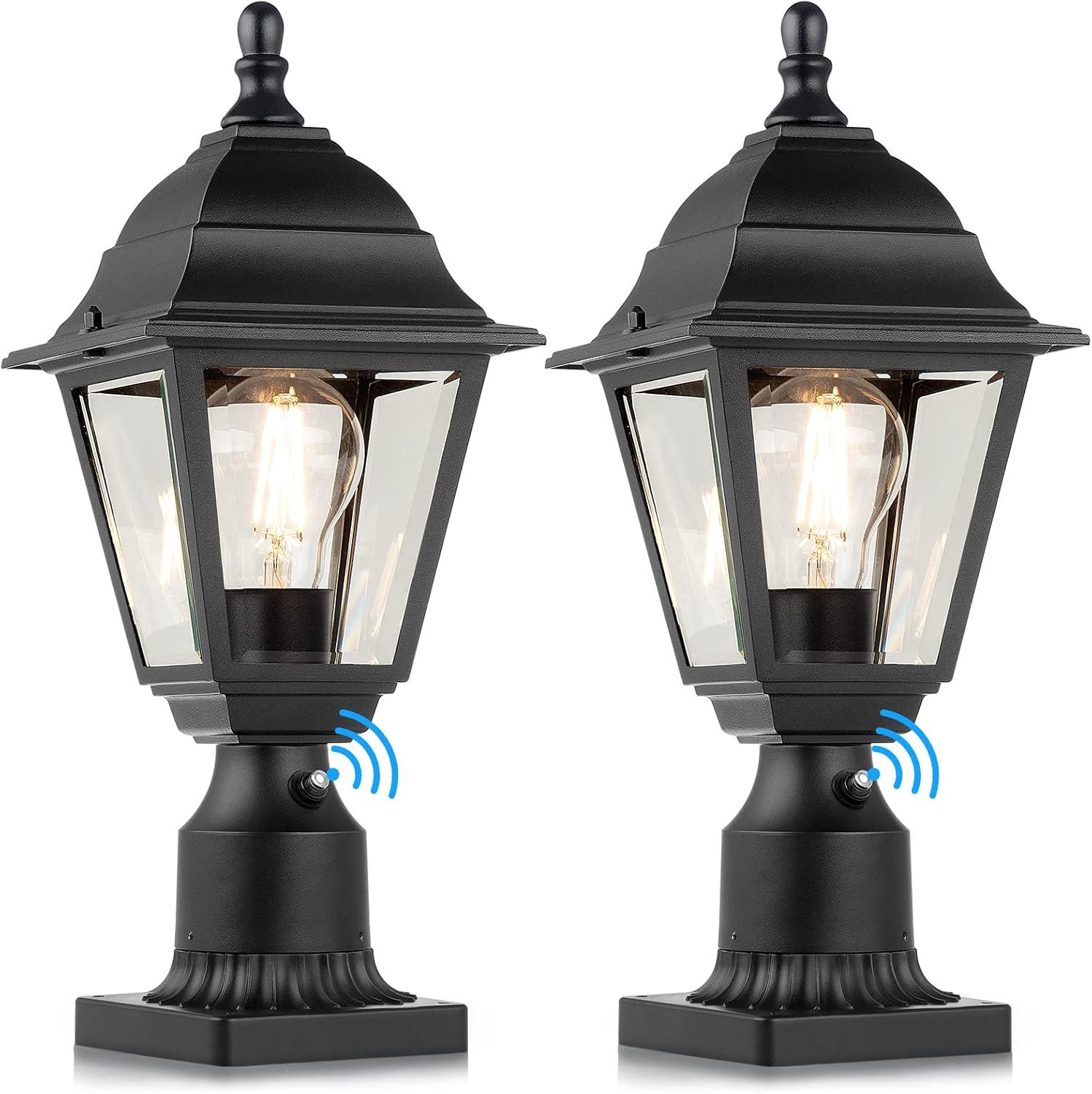 Black Metal Dusk to Dawn Outdoor Post Lights with Clear Glass, 2-Pack