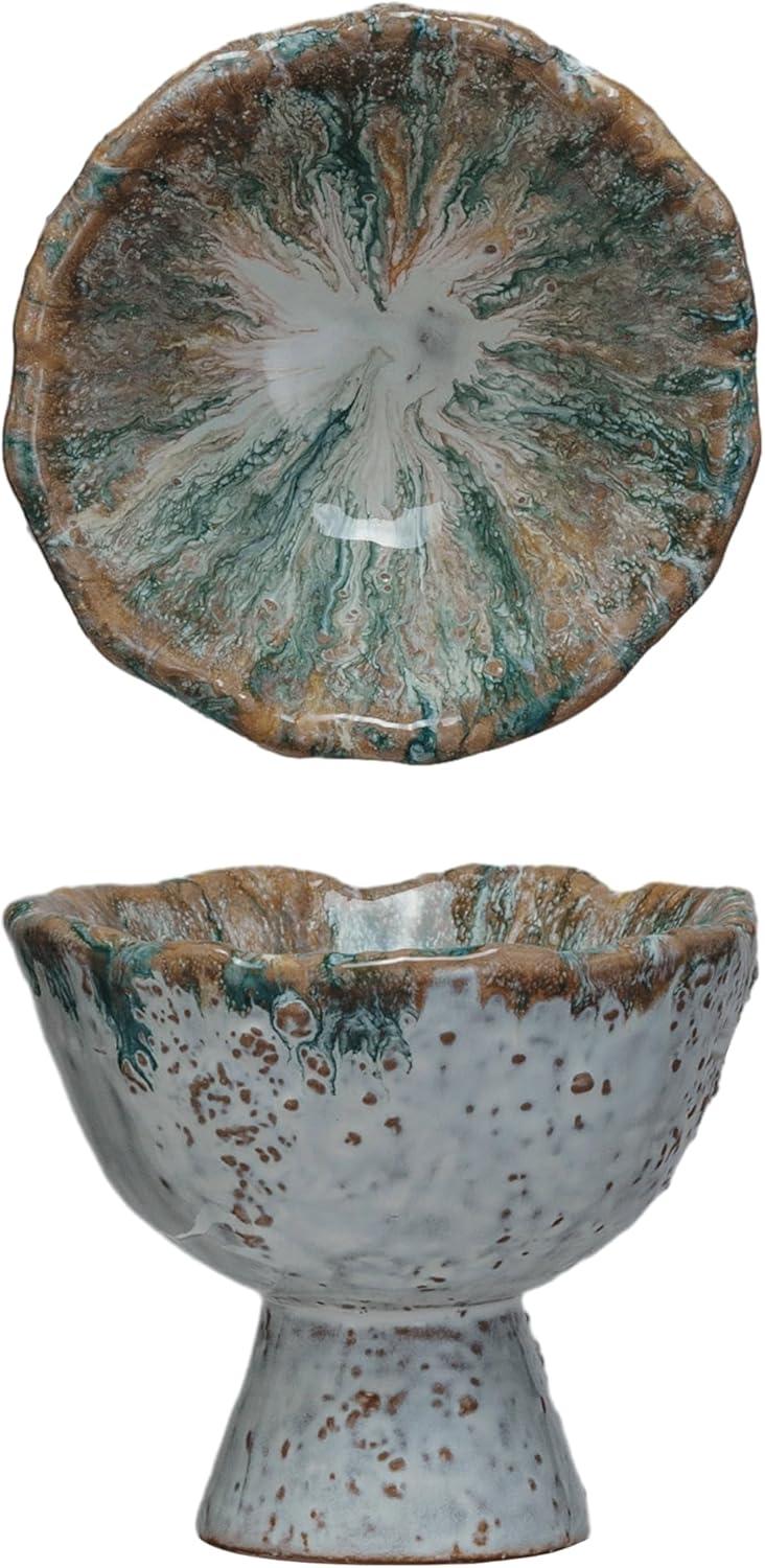 Green and Brown Speckled Stoneware Bowl with Stand