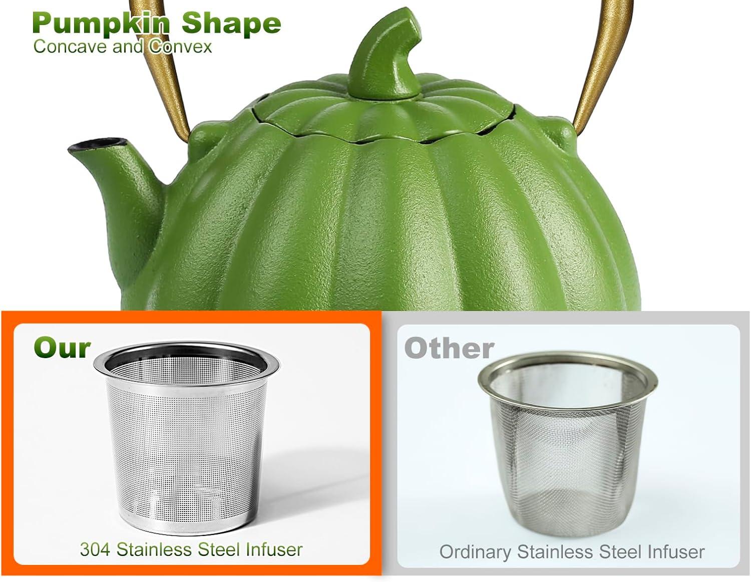 Ophelia & Co. Orange Pumpkin Cast Iron Teapot, Natural Pumpkin Color, Japanese Cast Iron Tea Kettle Stovetop Safe With Infuser, Creative Pumpkin Halloween Teapot(40Oz/1200Ml, Orange)