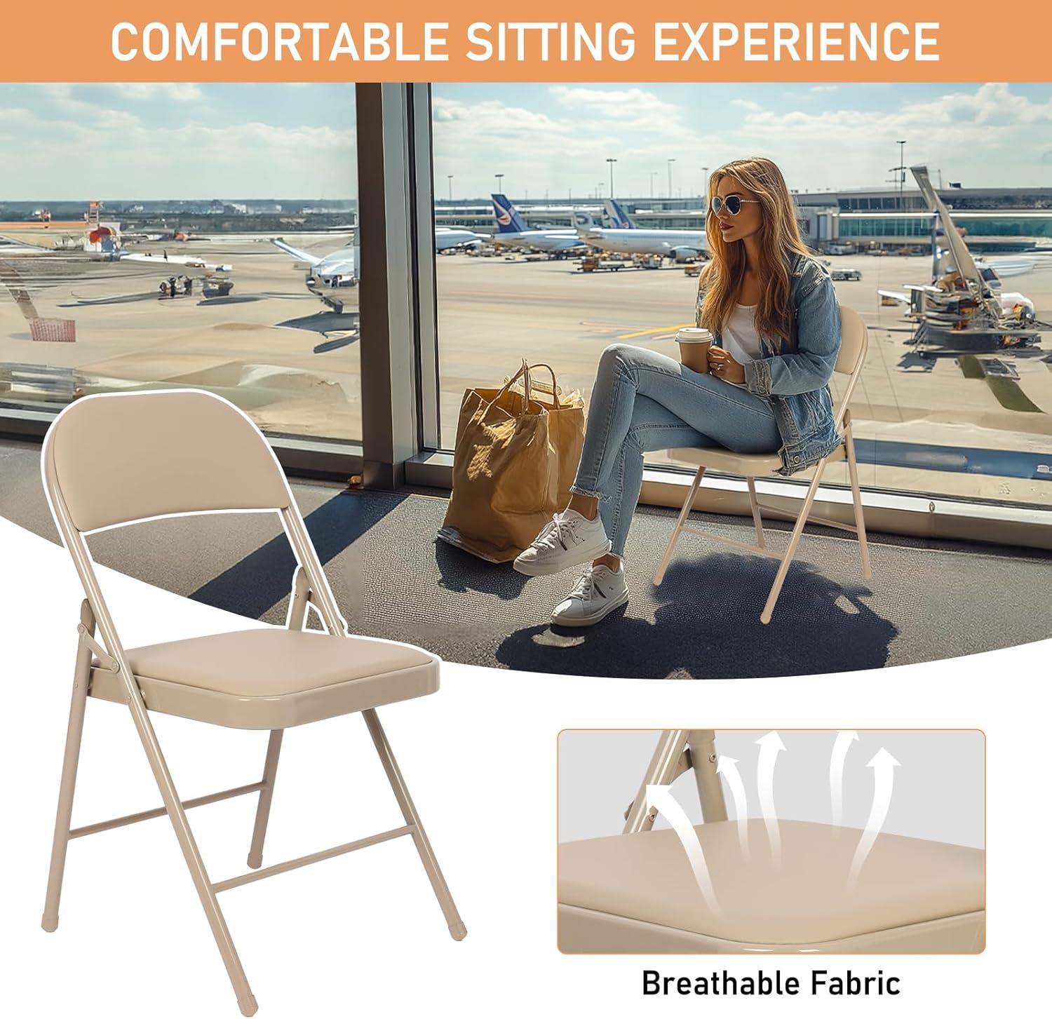 Khaki Armless Leather Metal Frame Folding Chairs, Set of 4