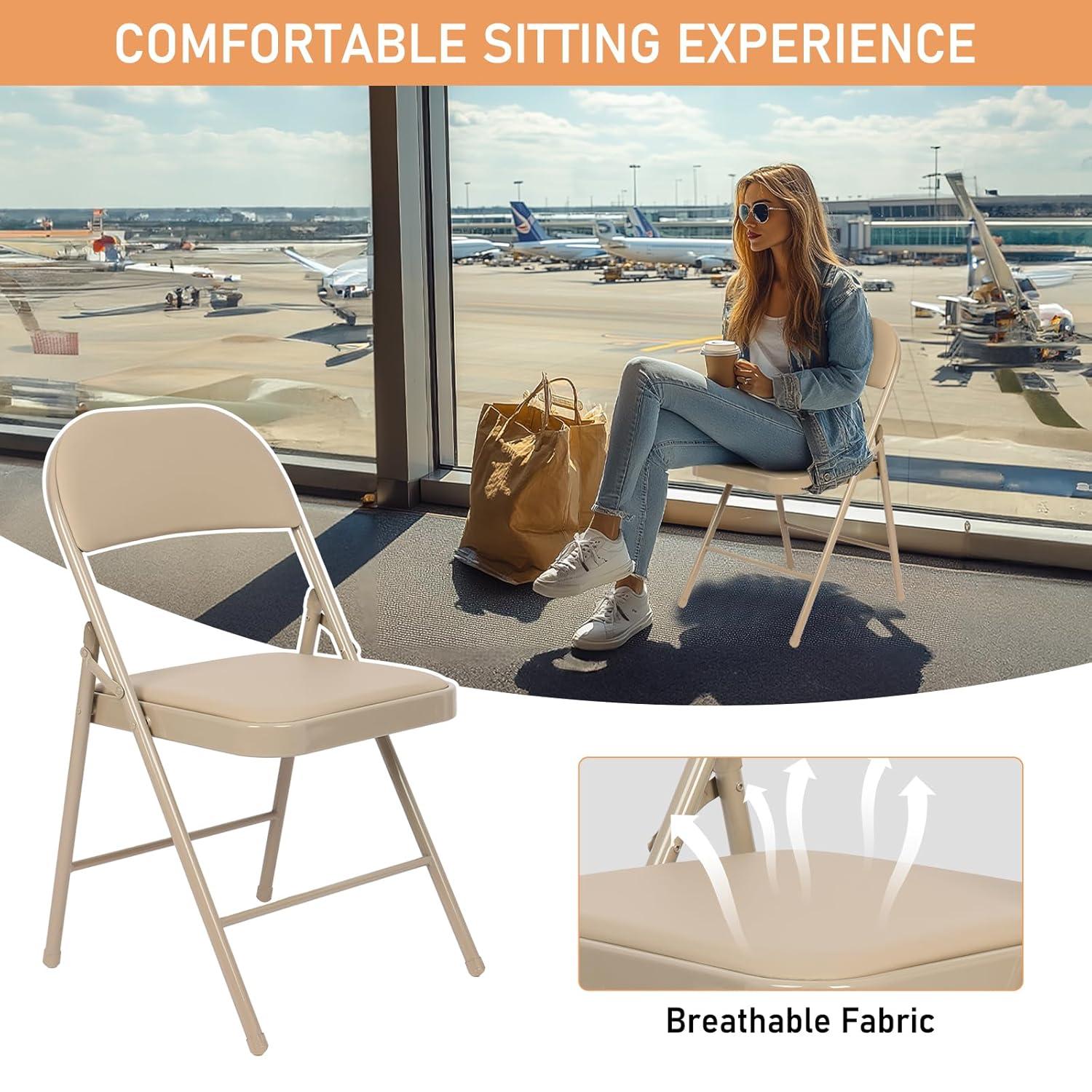 Khaki Armless Leather Metal Frame Folding Chairs, Set of 4