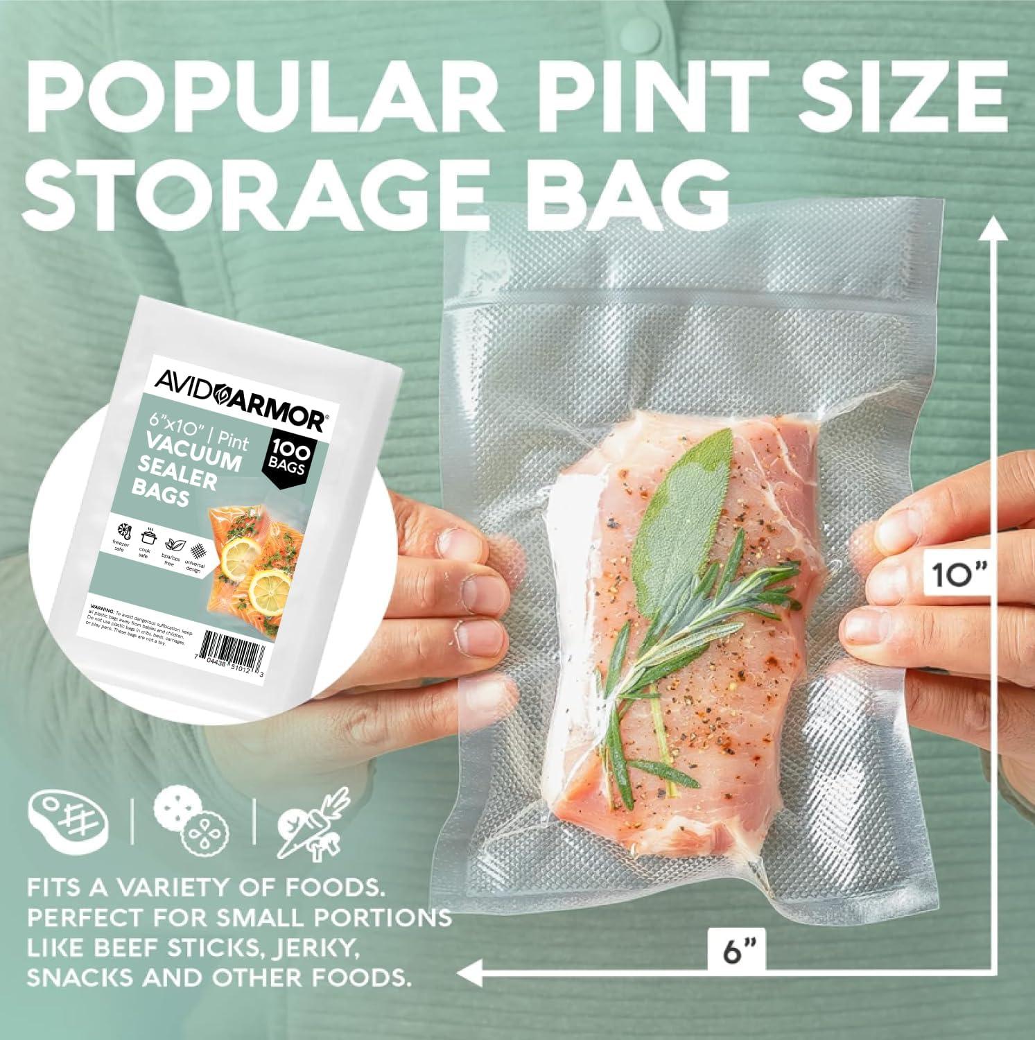 Avid Armor 6"x10" Vacuum Seal Bags, 100 Pre-Cut Pint Vacuum Sealer Bags, Compatible with Food Saver