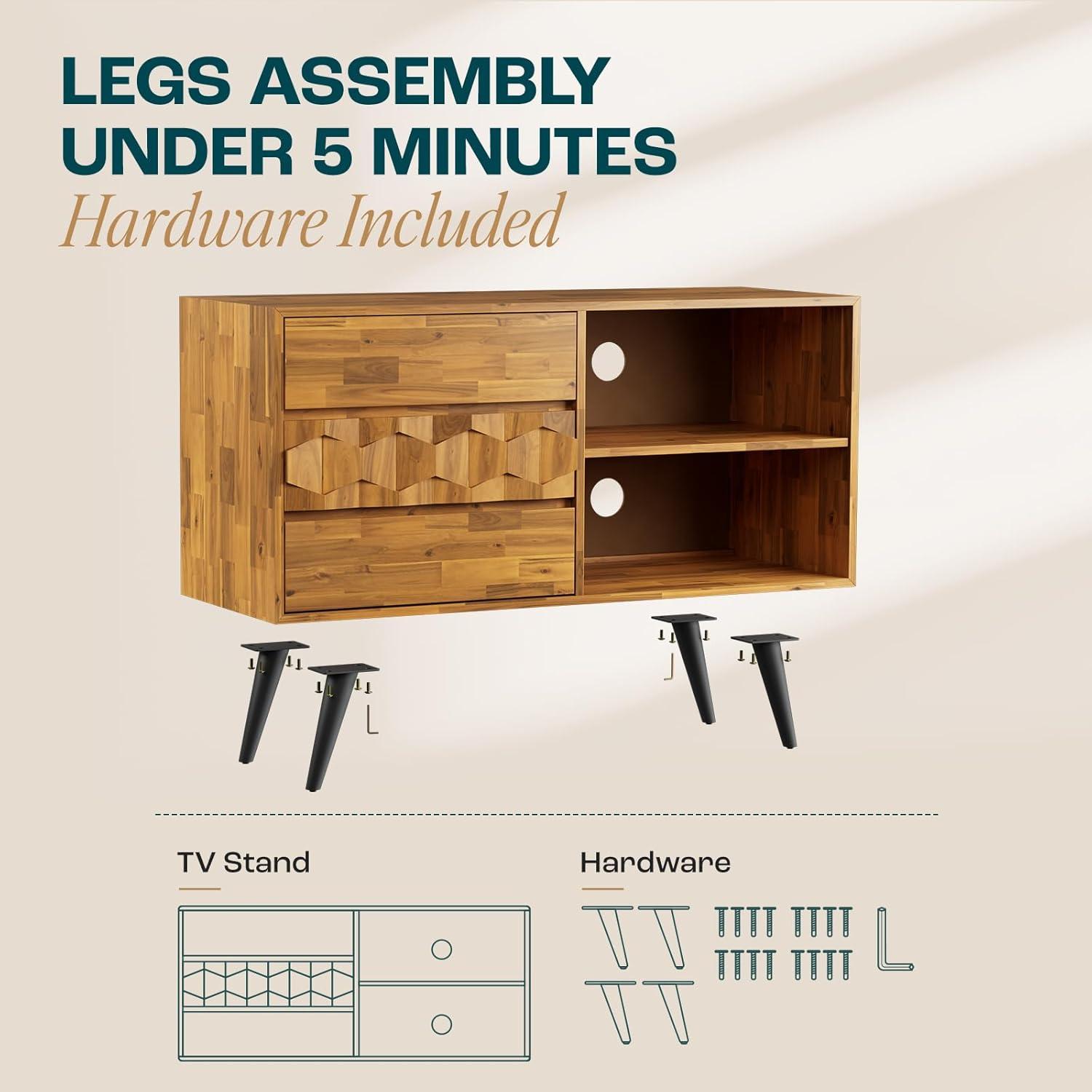 Teak Brown Acacia Wood TV Stand with Geometric Pattern