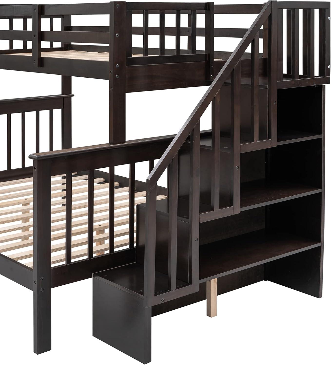 Twin Over Full Bunk Bed Frame With Storage Drawers, Shelves, Guardrails and Stairs for Kids, Teens and Adults - Espresso