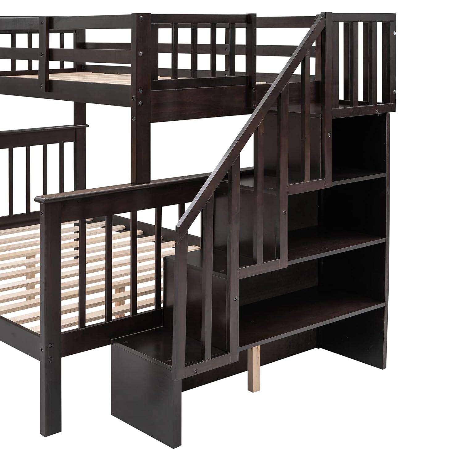 Twin Over Full Bunk Bed Frame With Storage Drawers, Shelves, Guardrails and Stairs for Kids, Teens and Adults - Espresso