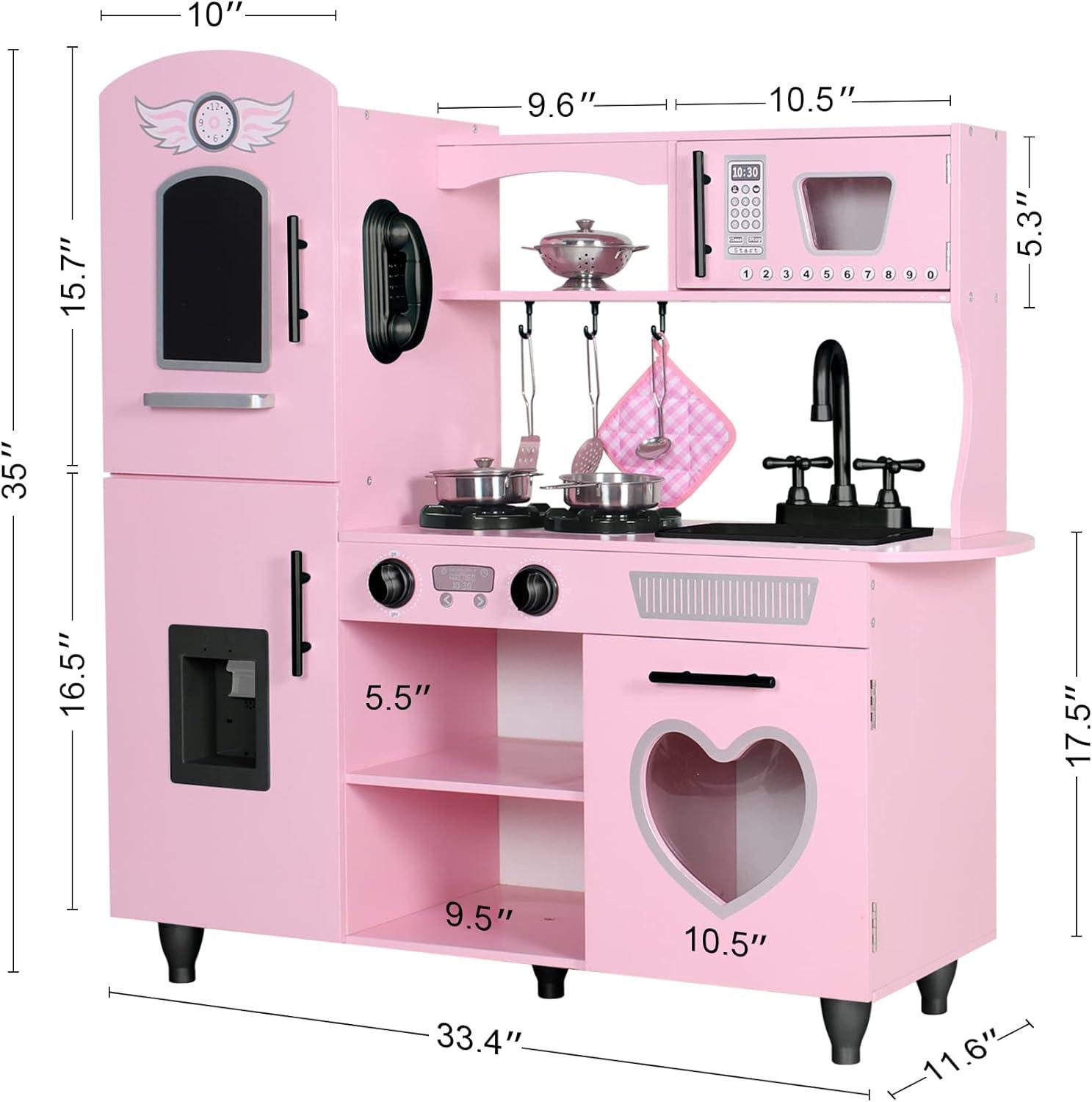 Pink Wooden Play Kitchen Set with LED Lights and Sounds