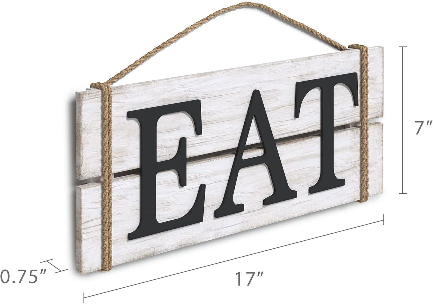 Barnyard Designs Eat Wood Wall Art Sign, Rustic Primitive Farmhouse Country Kitchen and Home Wall Decor, White/Black, 17" x 7”
