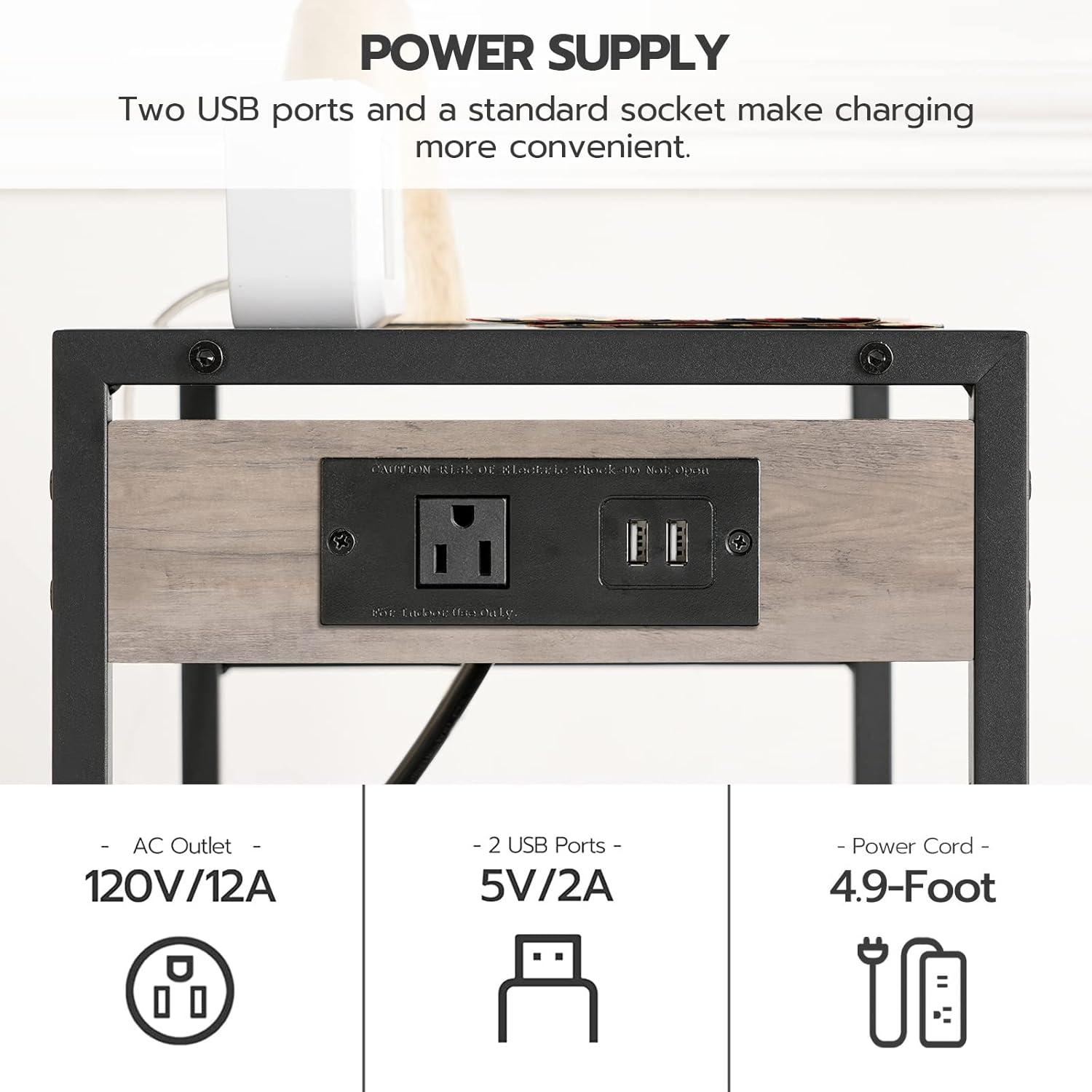 Greige and Black 3-Tier Industrial Mobile Printer Stand with Power Outlets