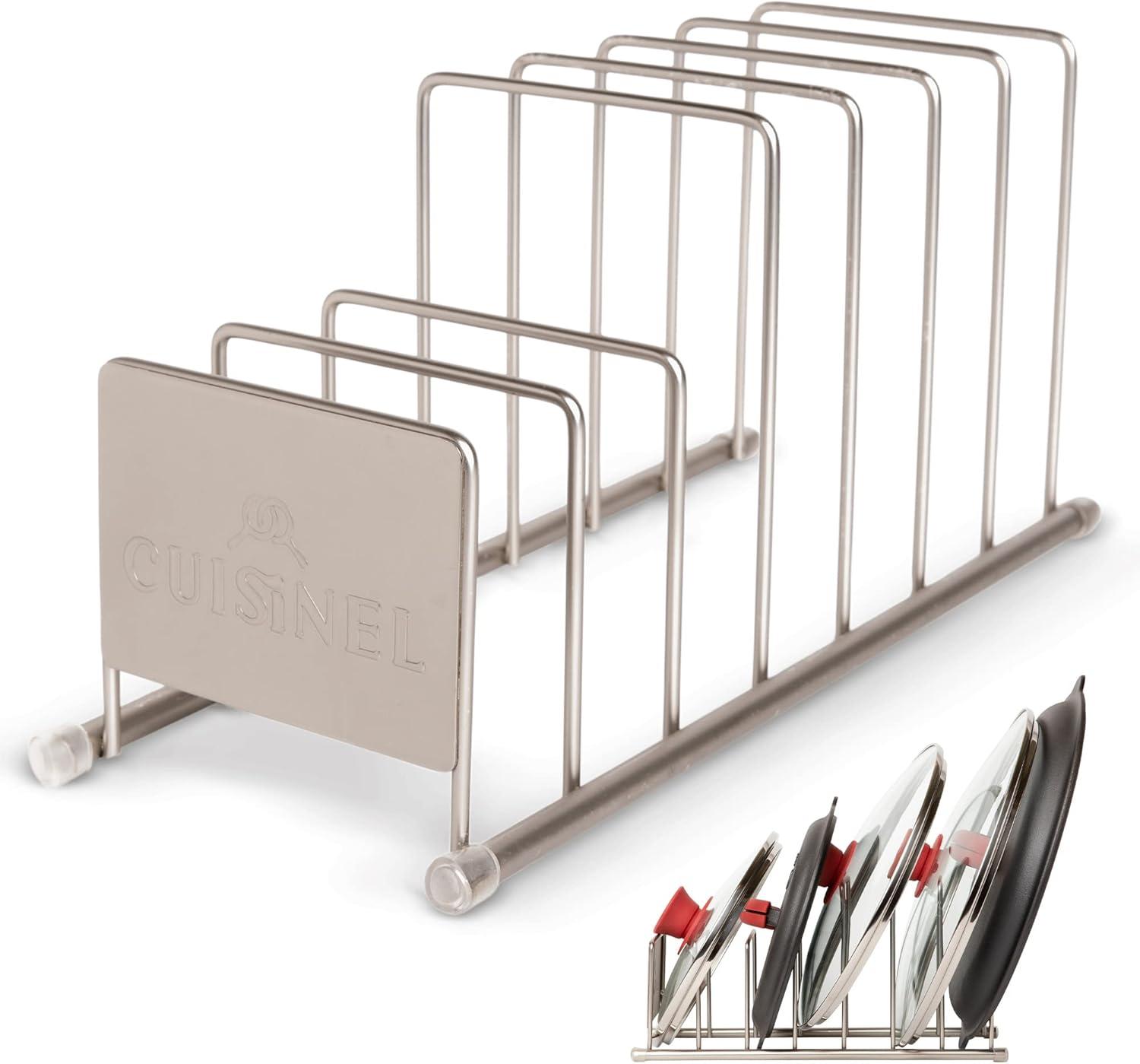 Cuisinel Lid and Dish Organizer Rack - Satin Nickel Silver Kitchen Storage Organization Stand