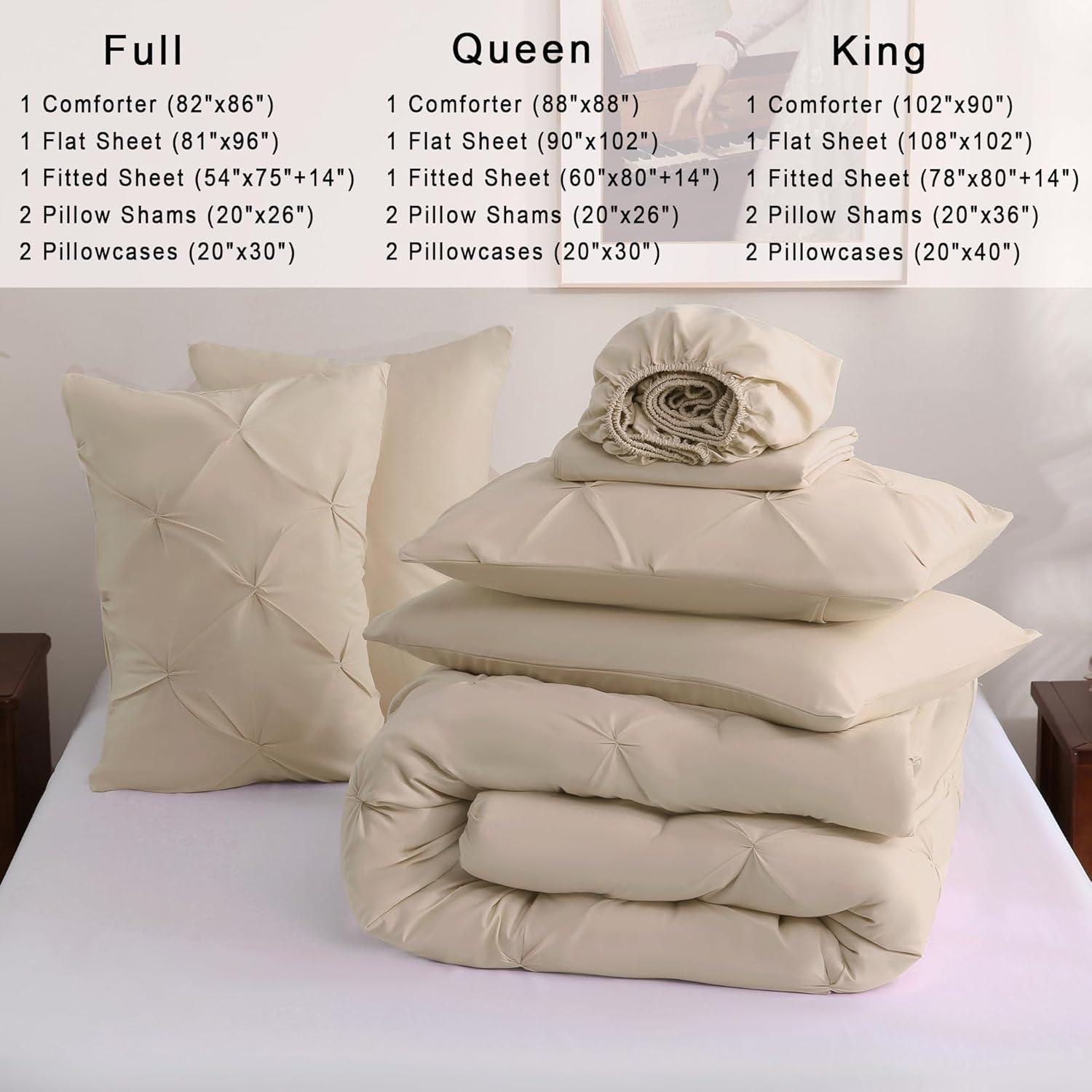 CozyLux Beige Comforter Set Queen 7 Pieces Bed in A Bag Cream Off White Pintuck Comforters Queen Size Pinch Pleat Bedding Sets with All Season Comforter, Flat Sheet, Fitted Sheet and Pillowcases&Shams