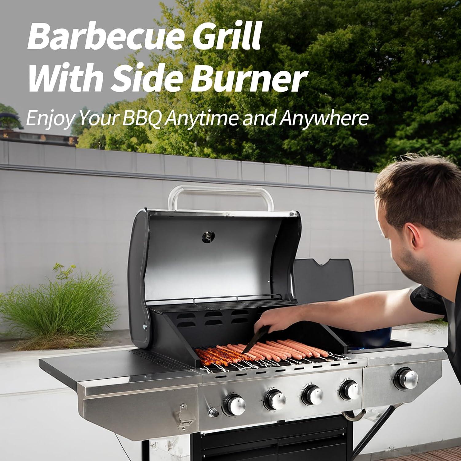 Stainless Steel 4-Burner Propane Gas Grill with Side Burner