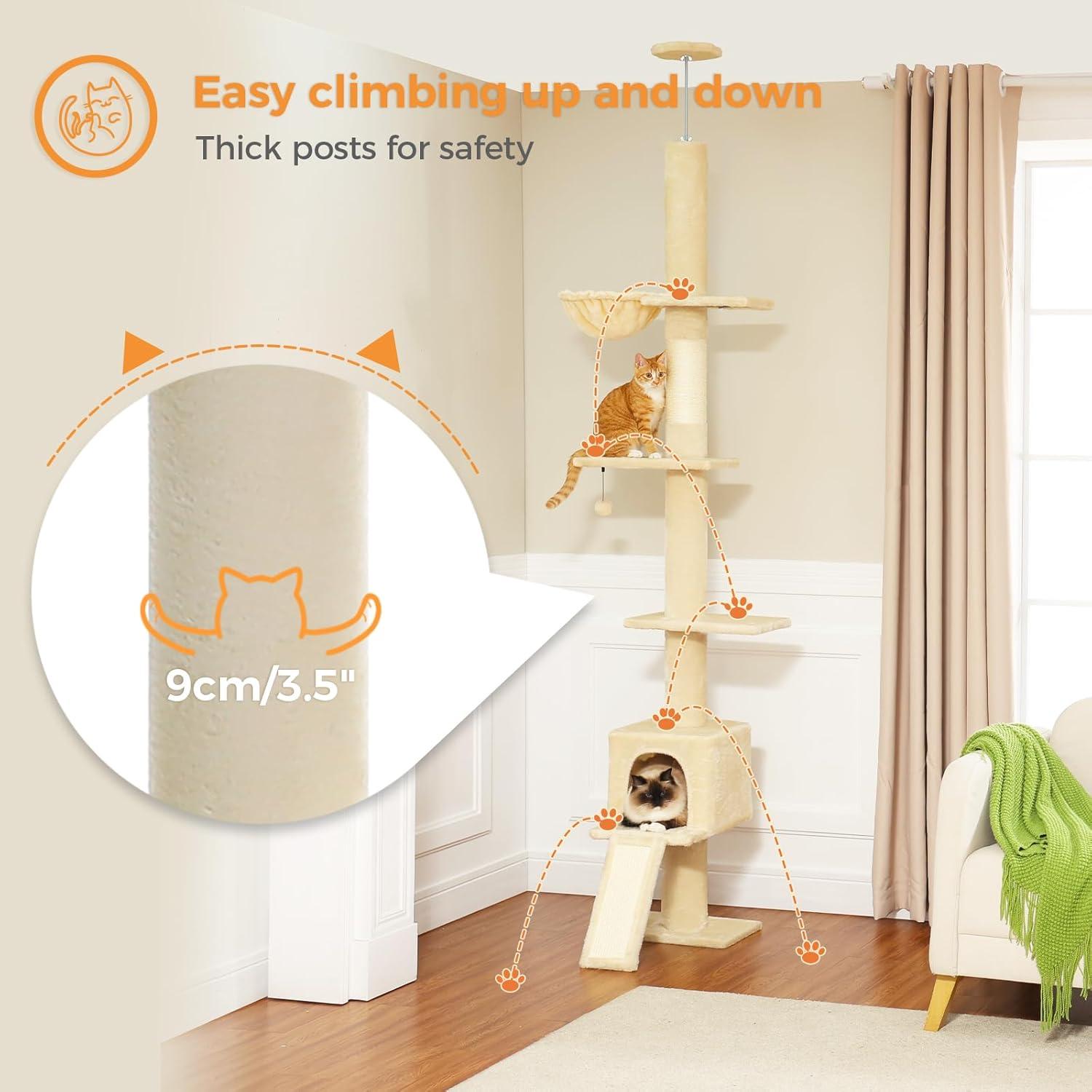 Adjustable Height Floor To Ceiling 5-Tier Tall Cat Tree Tower For Indoor Cats With Cat Condo, Cat Scratching Post And Cat Ladder