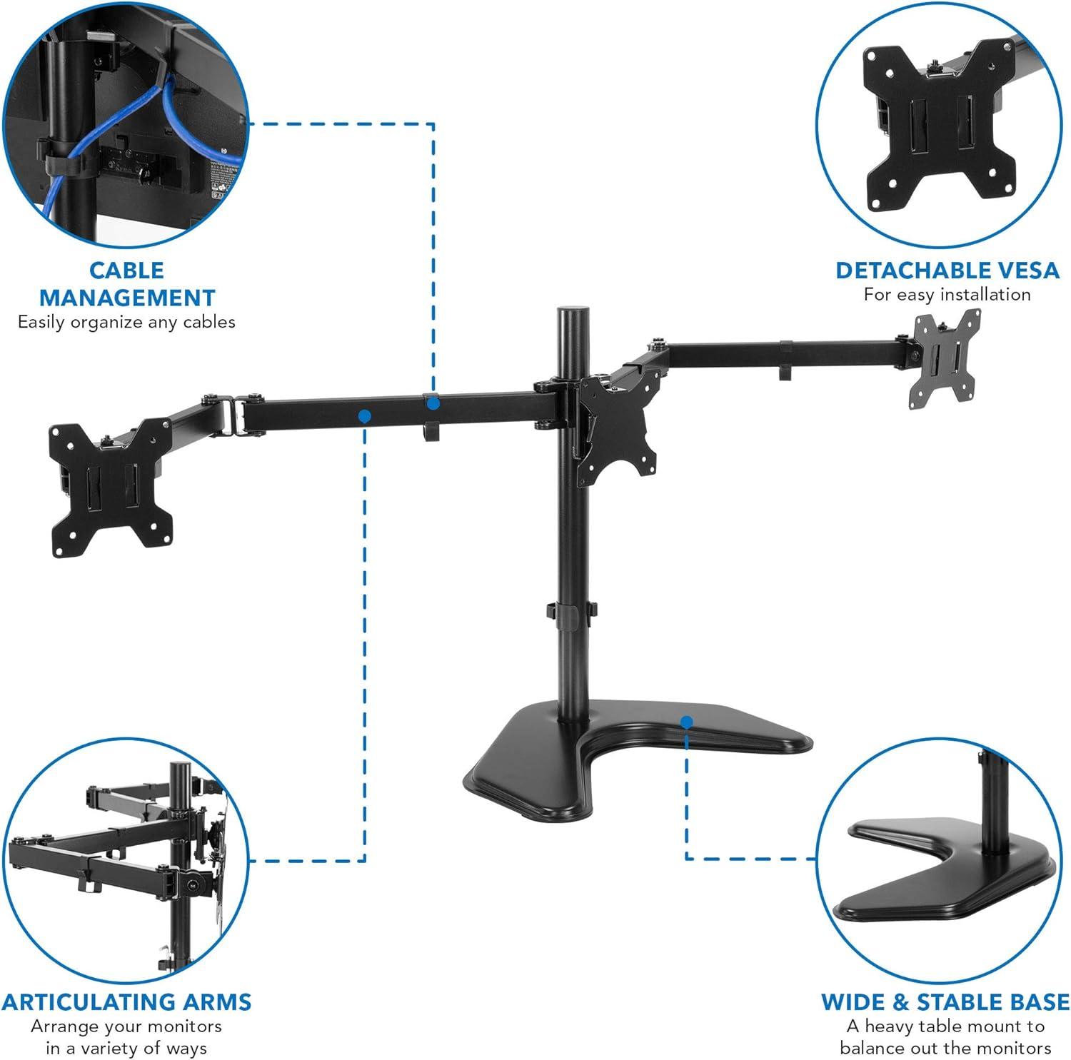 Black Metal Triple Monitor Desk Stand with Adjustable Arms