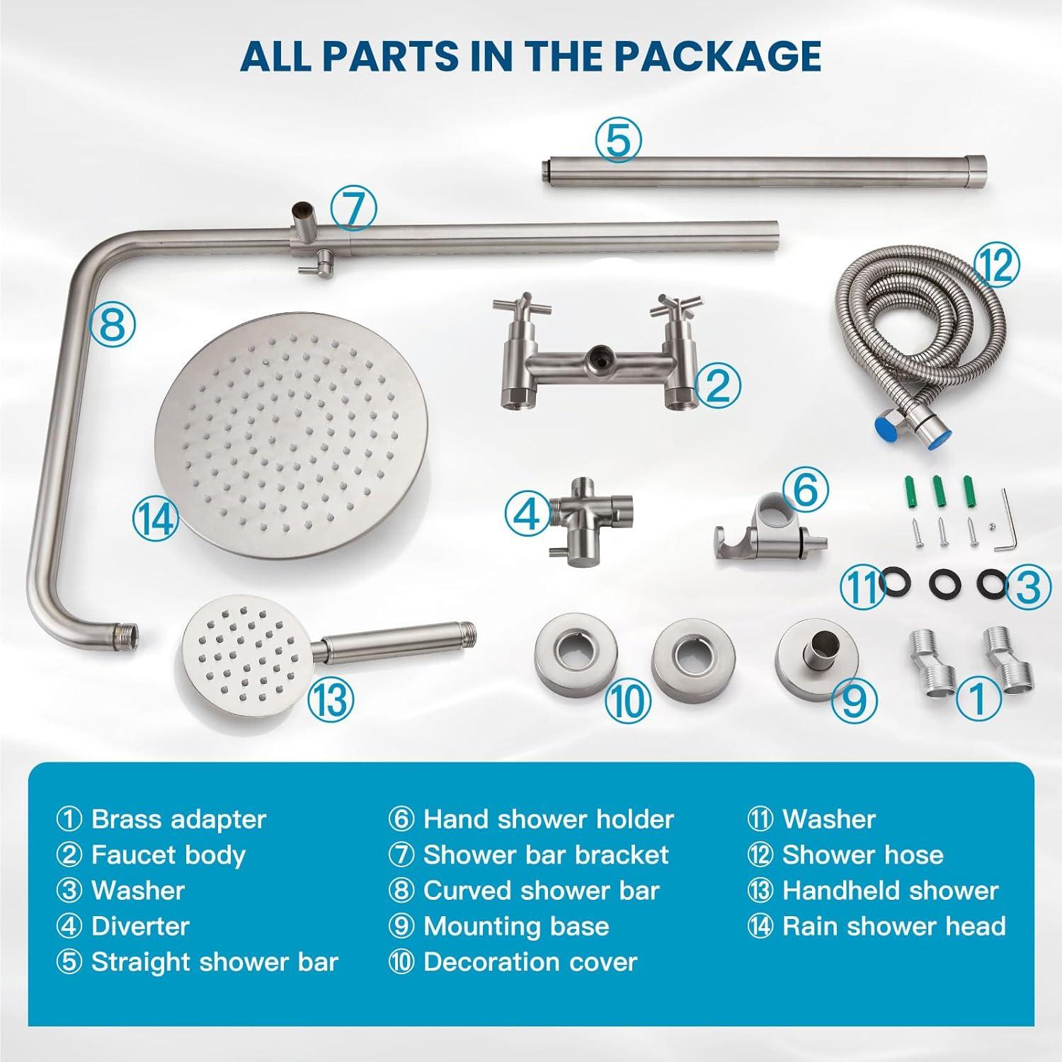 gotonovo SUS304 Outdoor Shower Fixture High Pressure Shower System Combo Wall Mount 2 Dual Function Shower Faucet Set Round Handheld Spray Brushed Nickel Single Handle