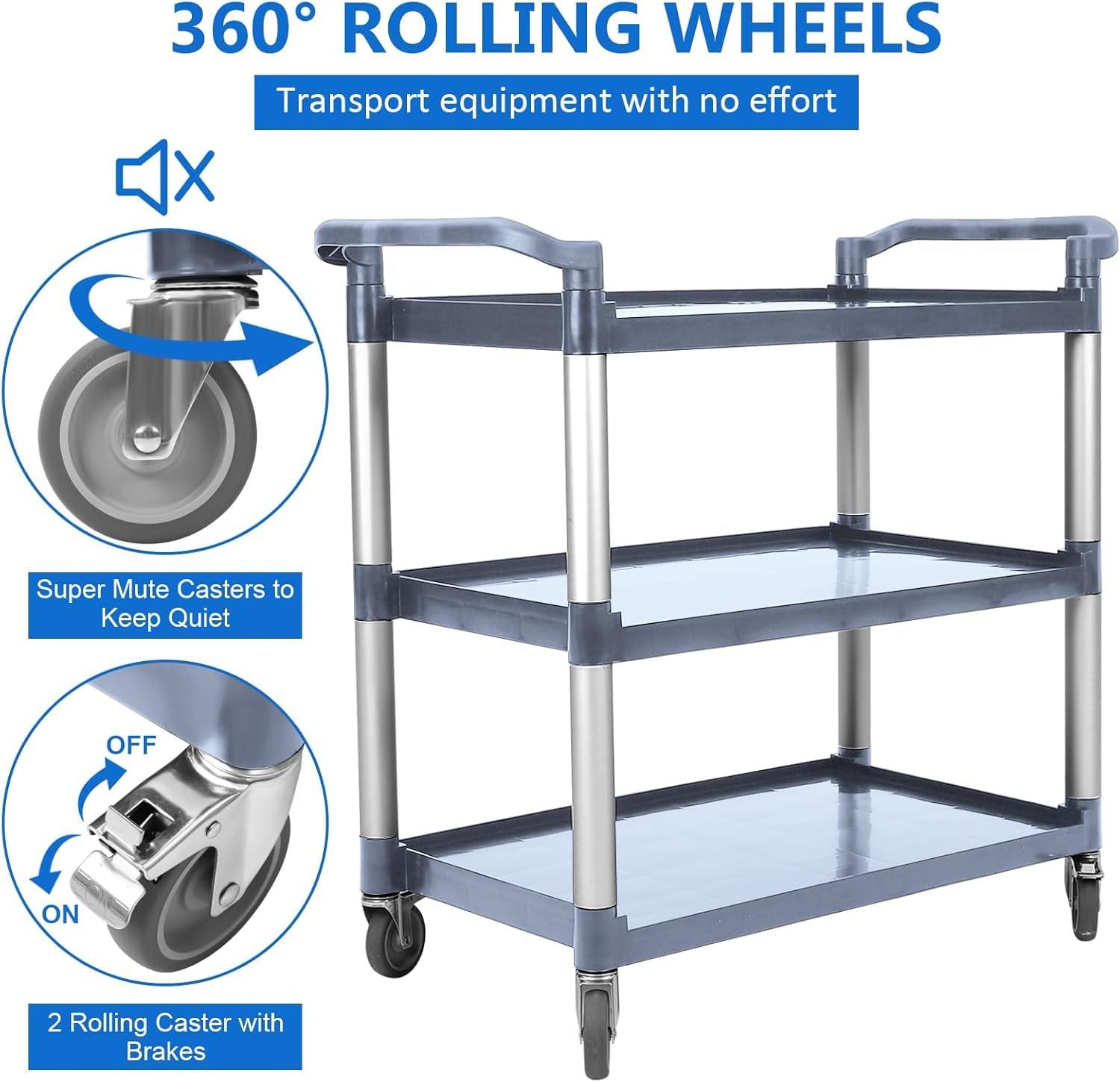3-Tier Plastic Service Utility Cart With Wheels, Heavy Duty 3-Shelf Rolling Push Cart for Home, Restaurant, Office, Foodservice, Kitchen, Hotel, Commercial, Party - Grey