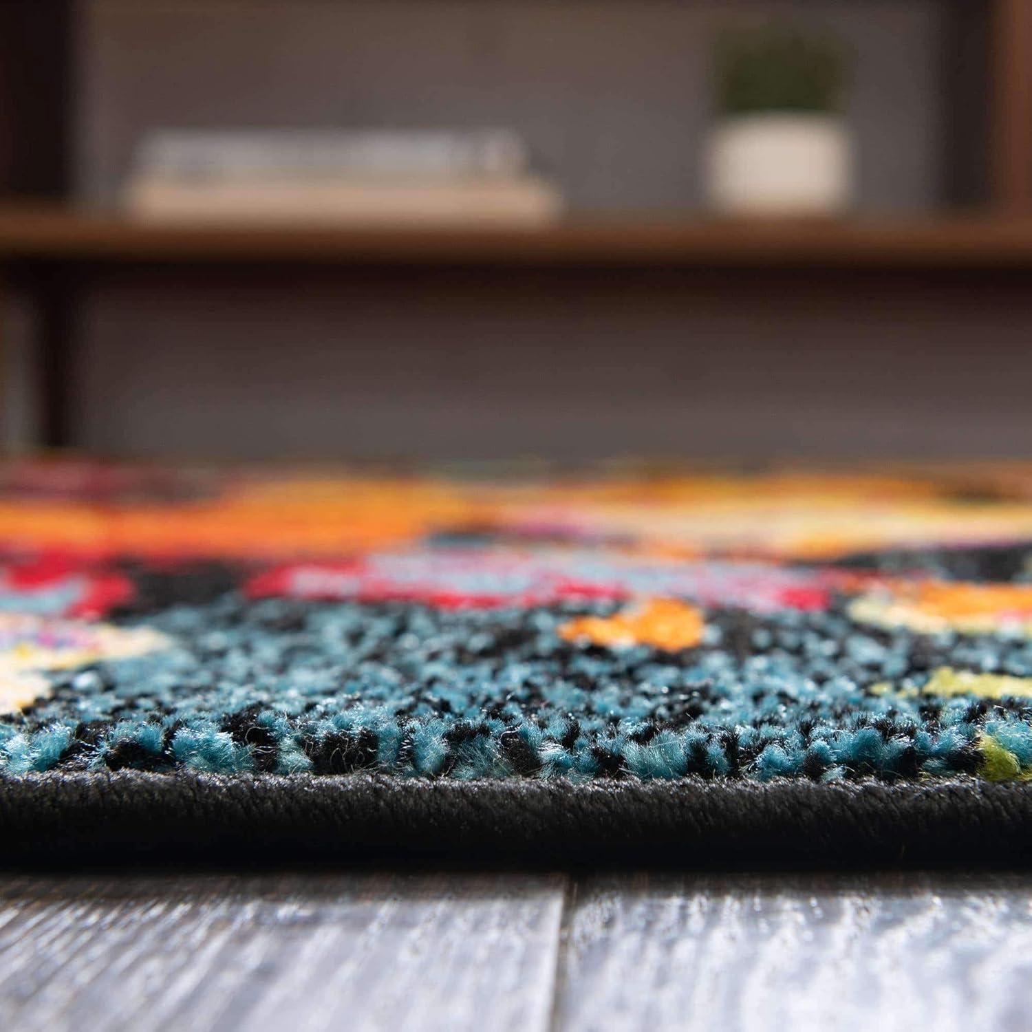 Black Floral Square Stain-Resistant Kids Rug