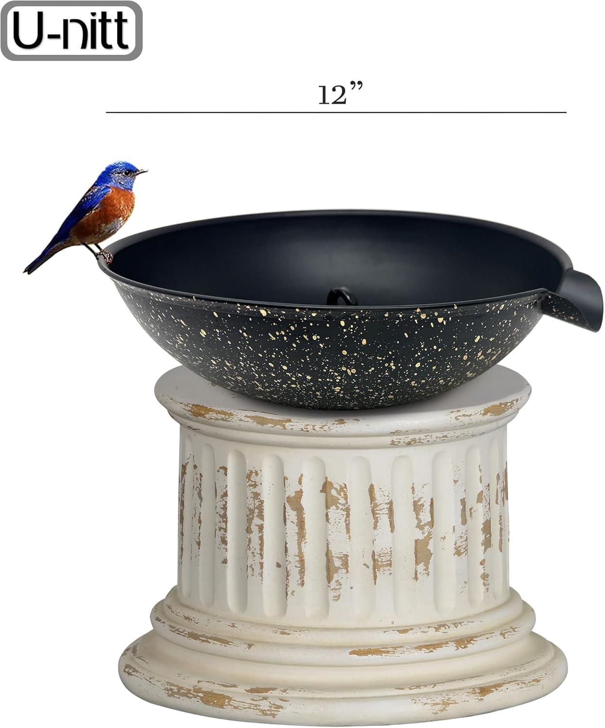 U-nitt 12" Anchoring Basin/Bowl/Dish for Gutter Rain Chain, Spill Bowl for Fountain, with Scupper, Birdbath Alternative, with Attachment Chain, Black Powder Coated with Gold, 972GD