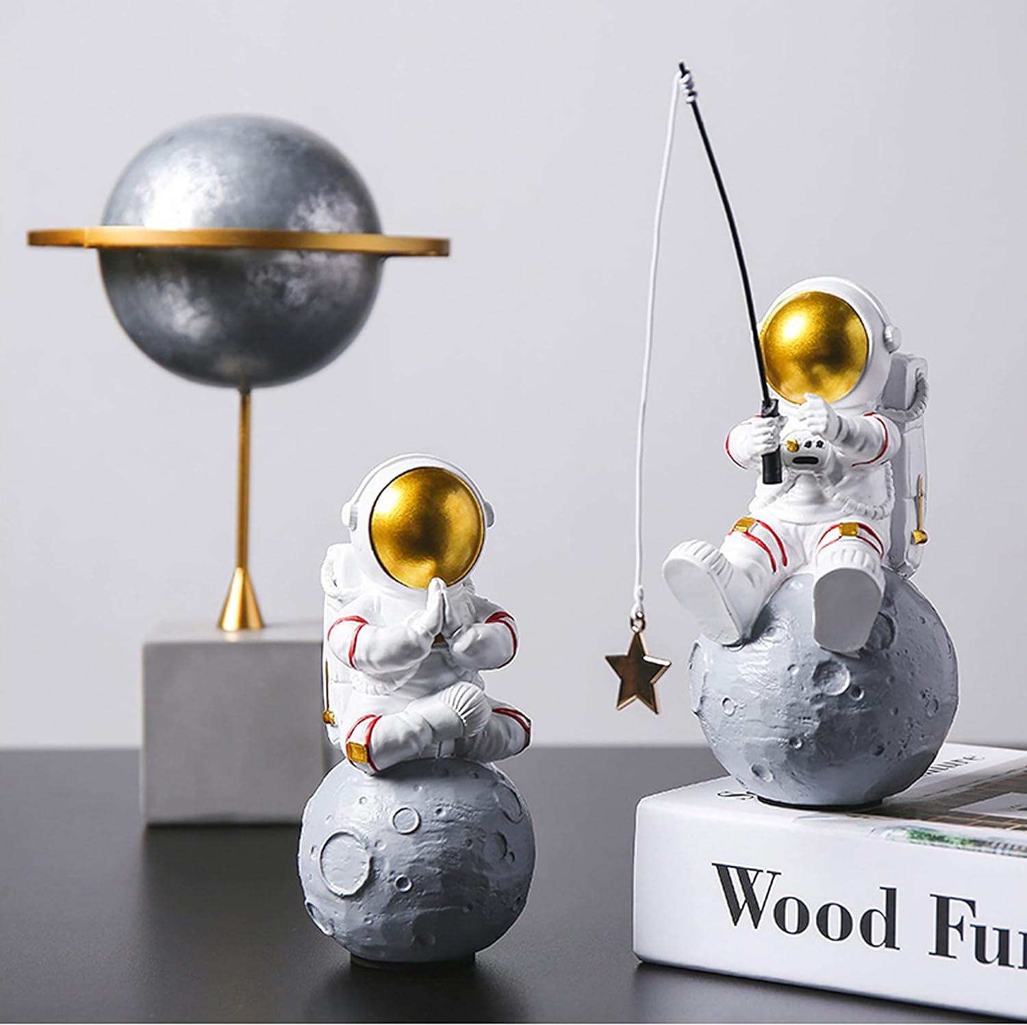 White and Gold Resin Astronaut Fishing Star Figurine