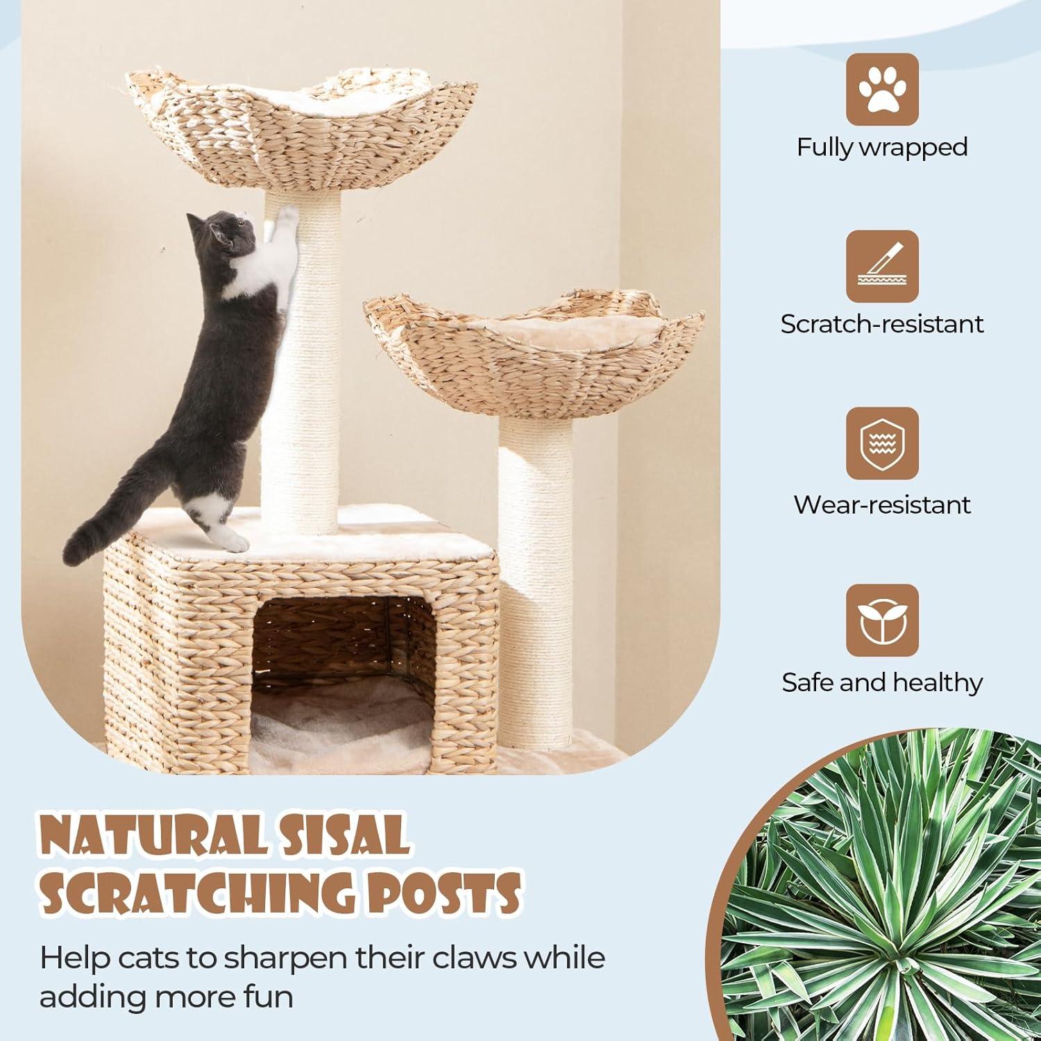Giantex Wooden Cat Tree, 48 inches Cat Tower with Cattail Condo, Cat Bed, Hammock, Rotatable Jingling Balls, Natural Sisal Scratching Posts, Removable Cushion, Multi-Level Kitten Activity Center